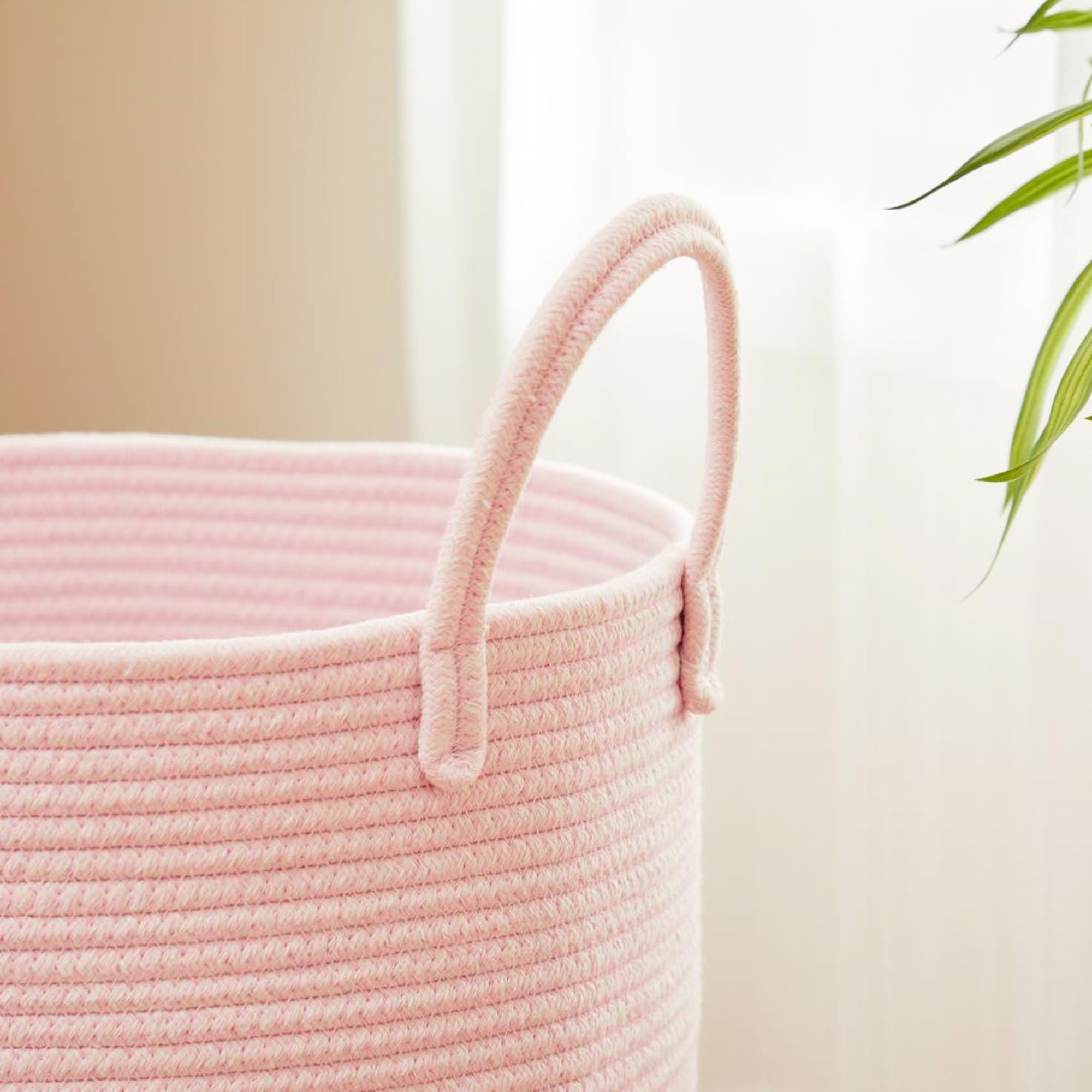 Mojoscend 60L Large Pink Laundry Hamper Basket For Grils Baby Nursery, 15Dx20H Inches Tall Toddler Clothes Hamper, Woven Rope Ha