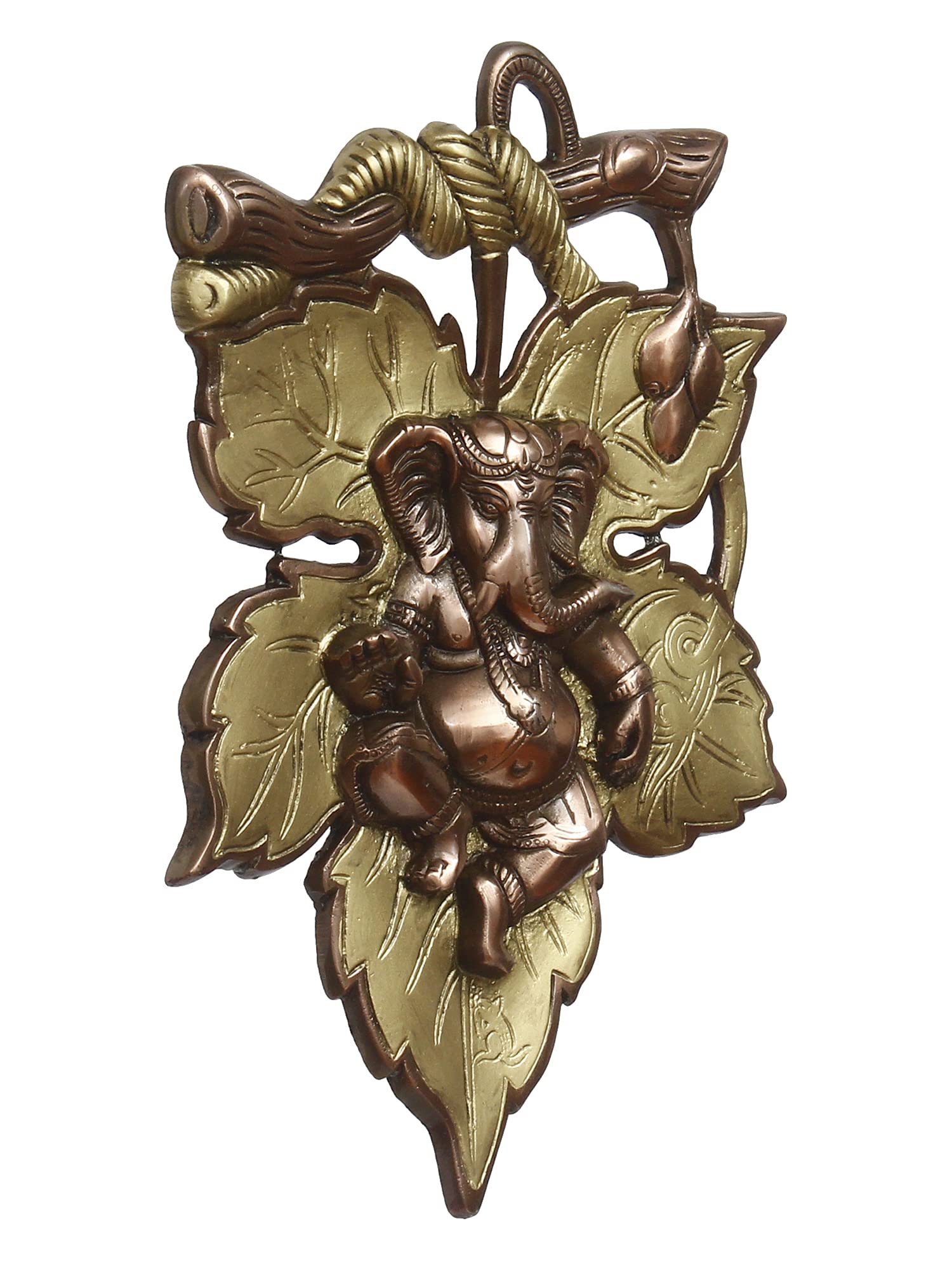 Ecraftindia Golden And Copper Finish Lord Ganesha On Creative Leaf Metal Wall Hanging - Decorative Hindu God Idol For Home, Livi