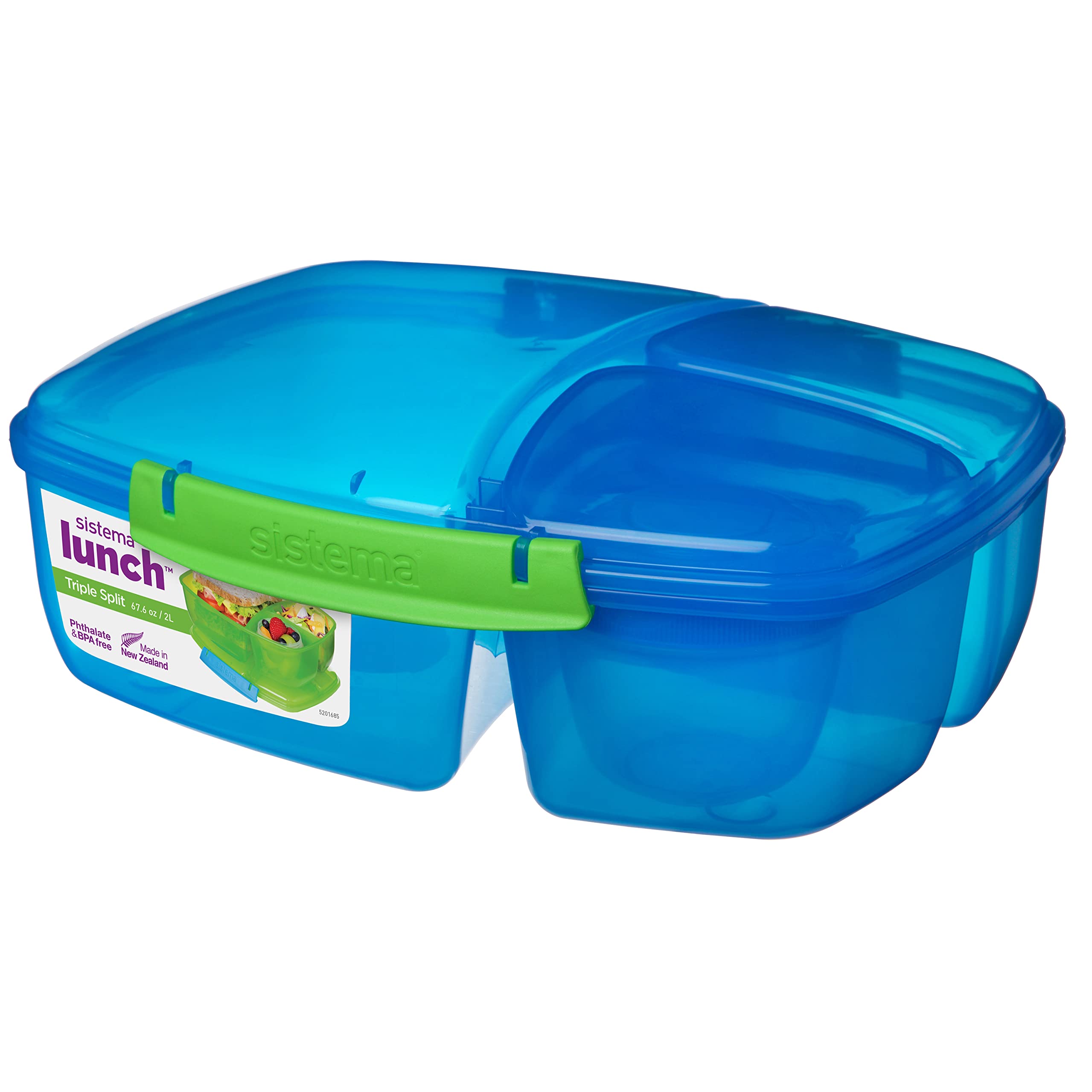 Sistema Lunch Collection Triple Split Lunch Box With Yogurt Pot Food Storage Container, 67.6 Oz, Blue