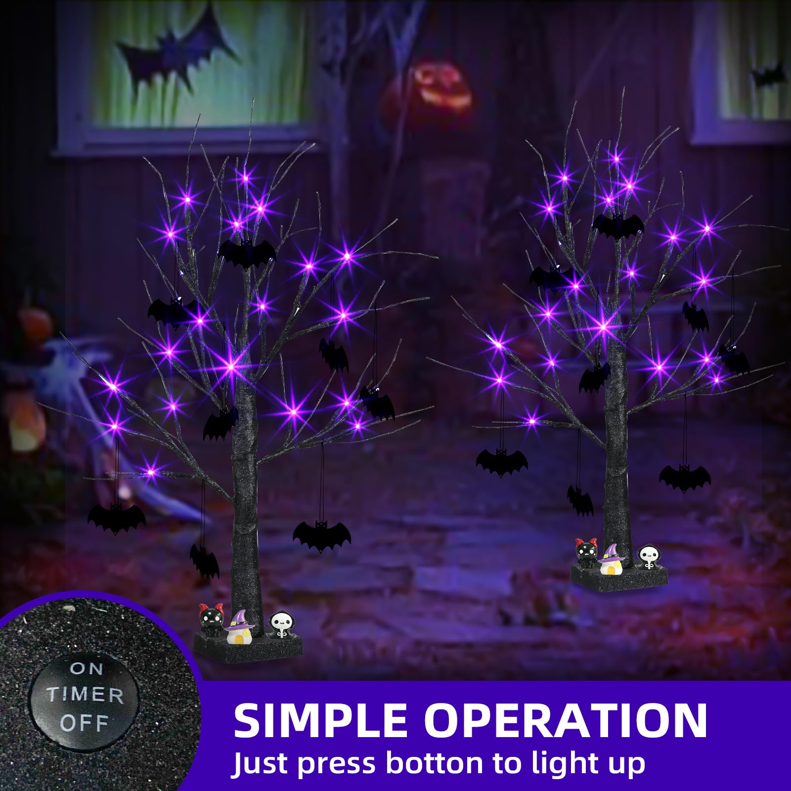 EAMBRITE Halloween Tree, Black Halloween Decorations Indoor, 2FT Spooky Tabletop Trees Battery Operated with 24LED Purple Lights