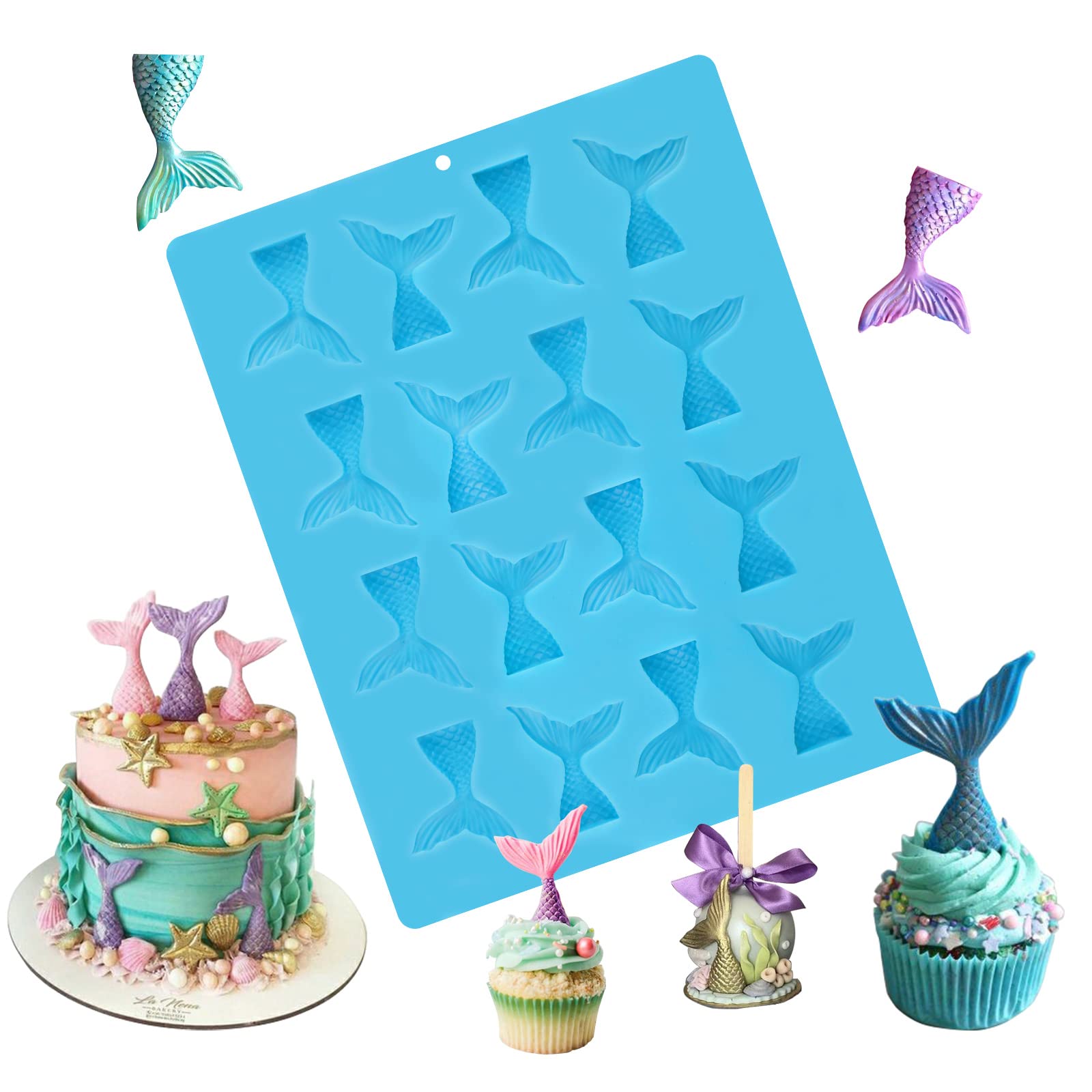 Sakolla 16 Cavity Mermaid Tails Silicone Molds, Mermaid Molds for Chocolate, Fondant, Cake Decoration, Cupcake Toppers, Resin, S