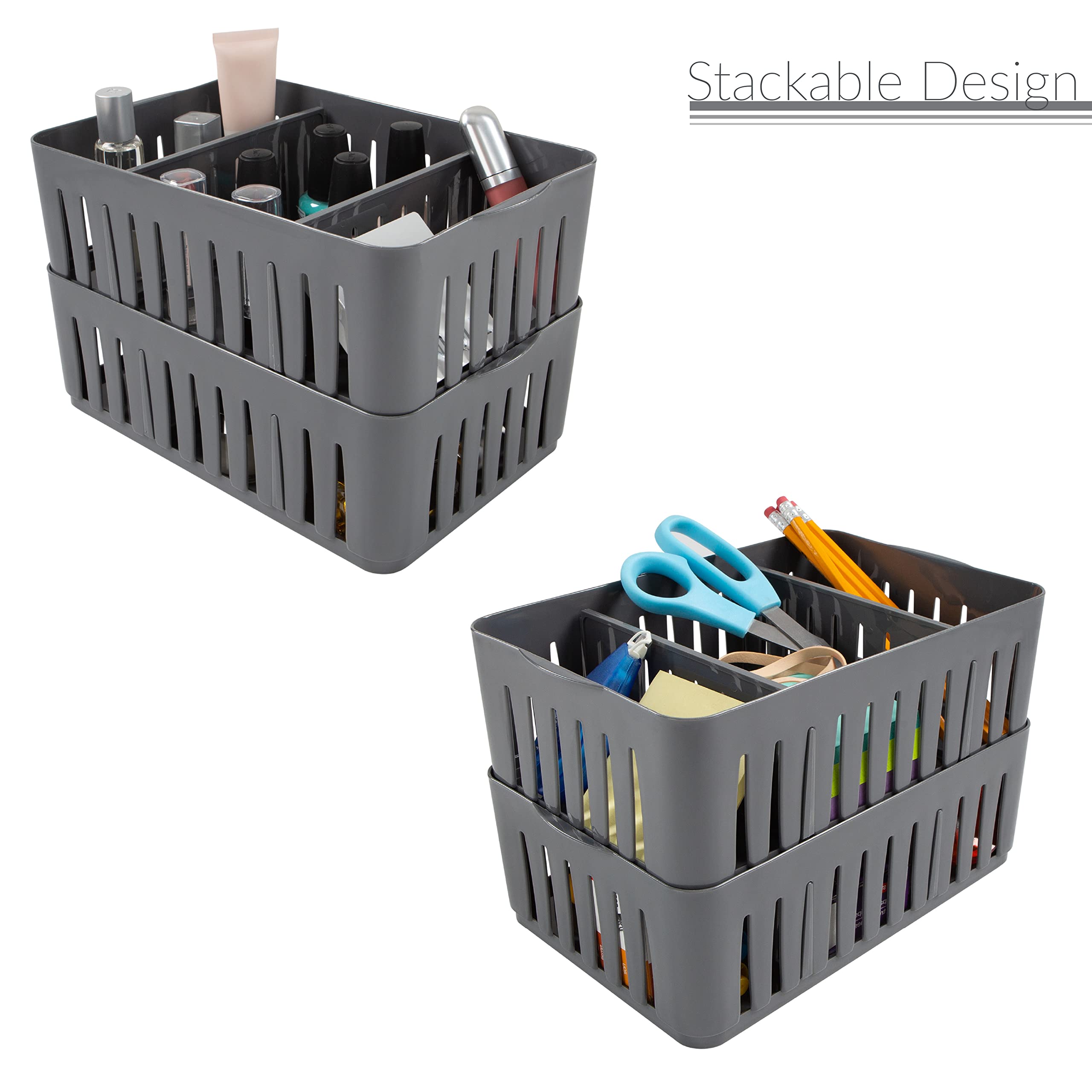 Simplify 3 Compartment Stackable Bin with Adjustable Dividers | Drawer Organizer | Storage Basket | Good for Office | Desk Suppl