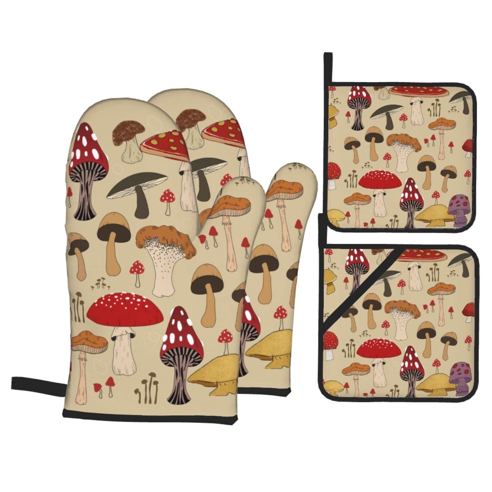 Various Mushroom Art Oven Mitts And Pot Holders Sets Of 4 High Heat Resistant Oven Mitts With Oven Gloves And Hot Pads Polyester