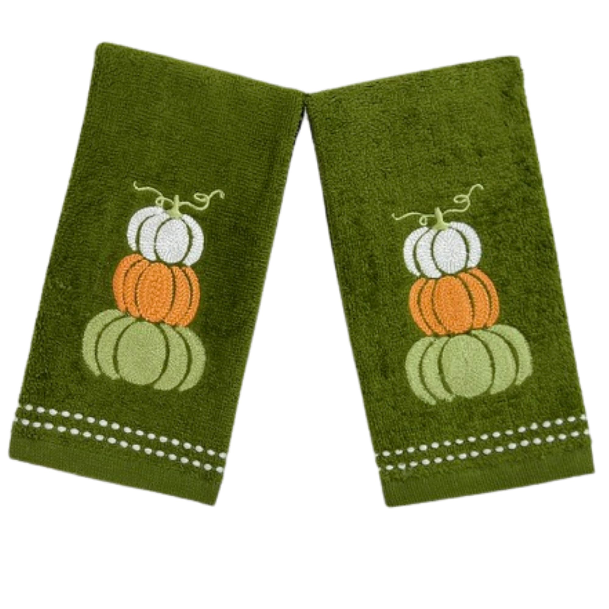 Serafina Home Autumn Fall Bath Fingertip Towels, Forest Olive Dark Green, 100% Cotton, Embroidered Stacked Pumpkin Design, 2 Pie
