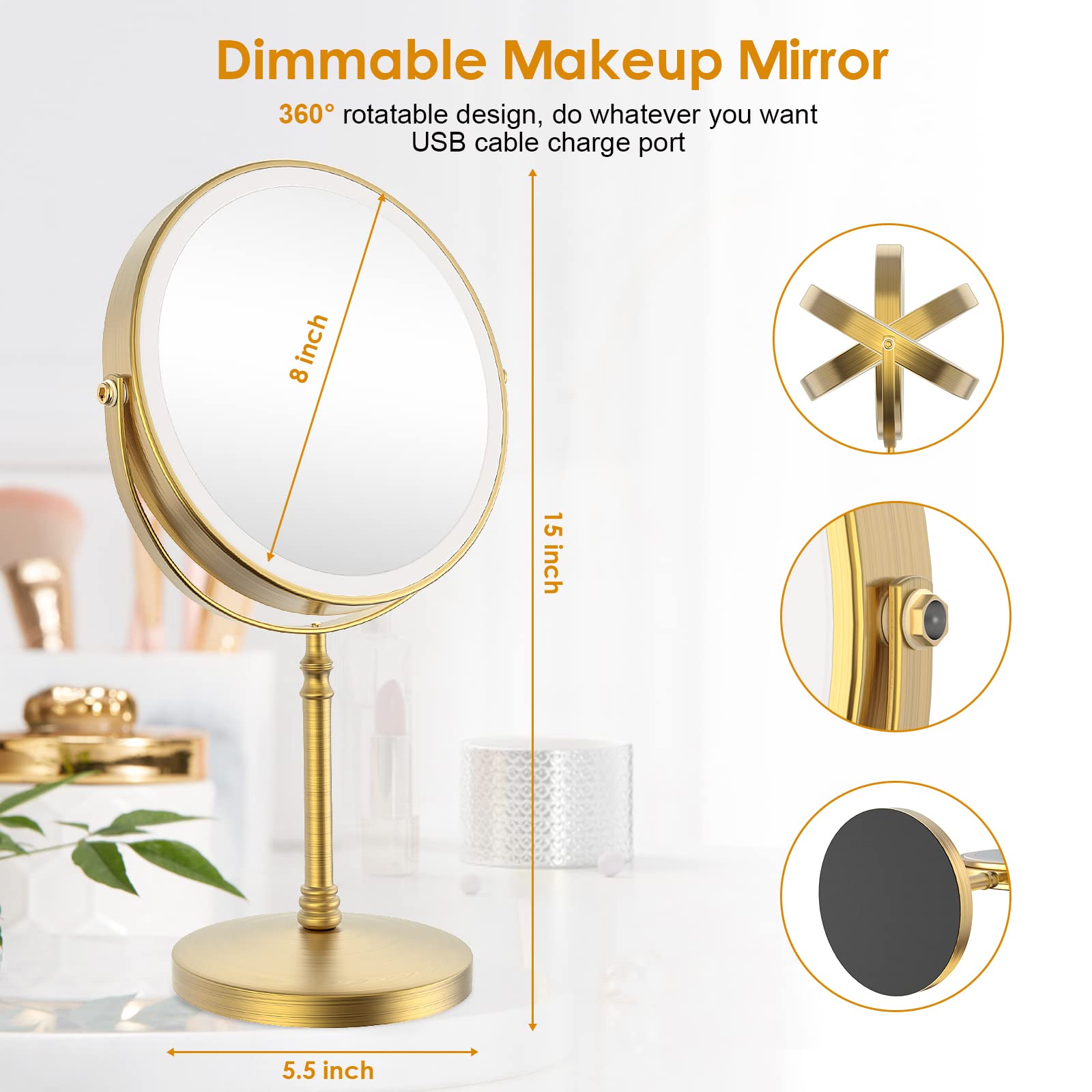 Deiovwxs Lighted Makeup Mirror, 8'' Rechargeable Double Sided Magnifying Mirror With 3 Colors, 360 Rotation Vanity Mirror, Brigh