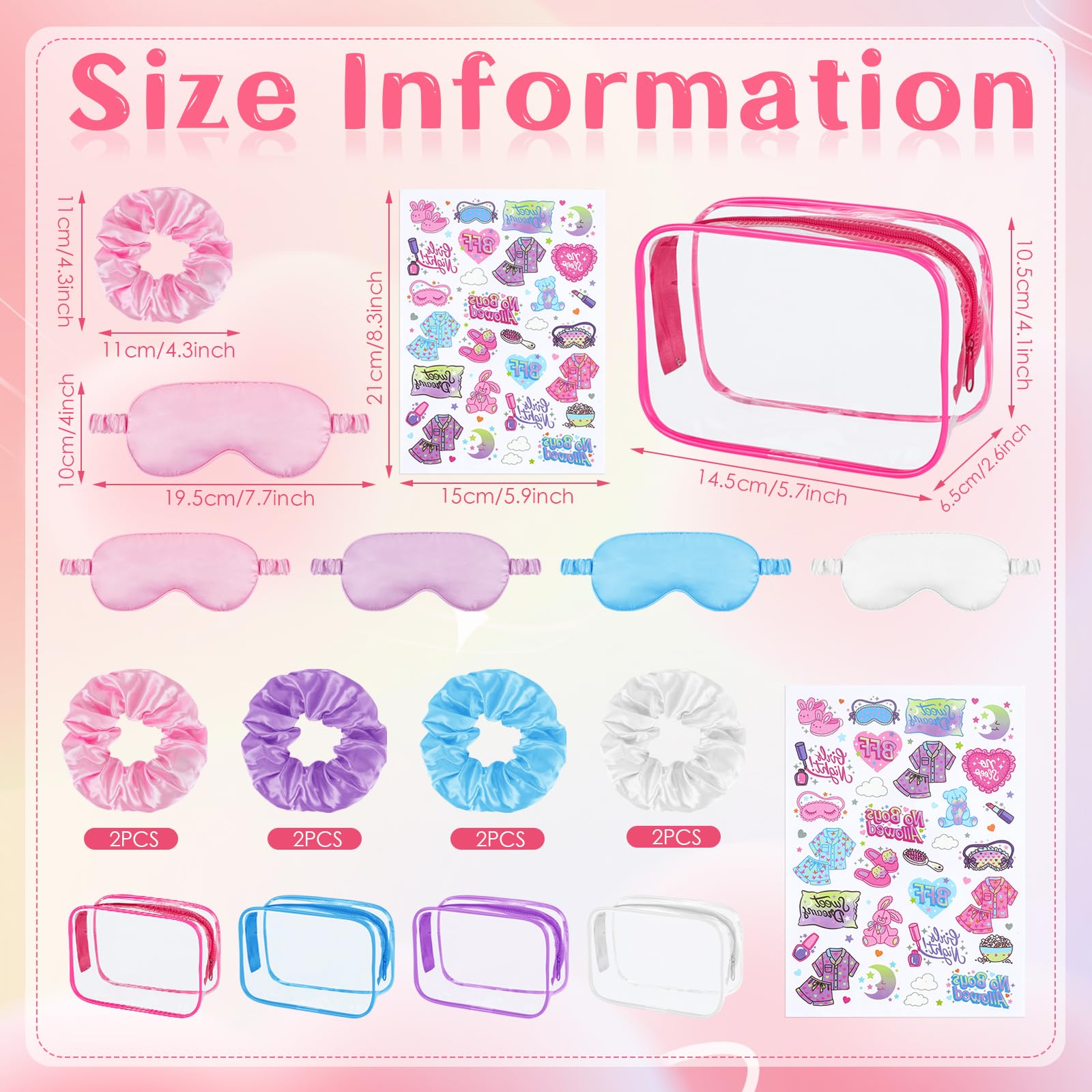 YLOLUL 16 Pcs Spa Sleepover Party Supplies for Girls Makeup Party Favor with Hair Scrunchies Clear Cosmetic Bags Eye Masks Sleep