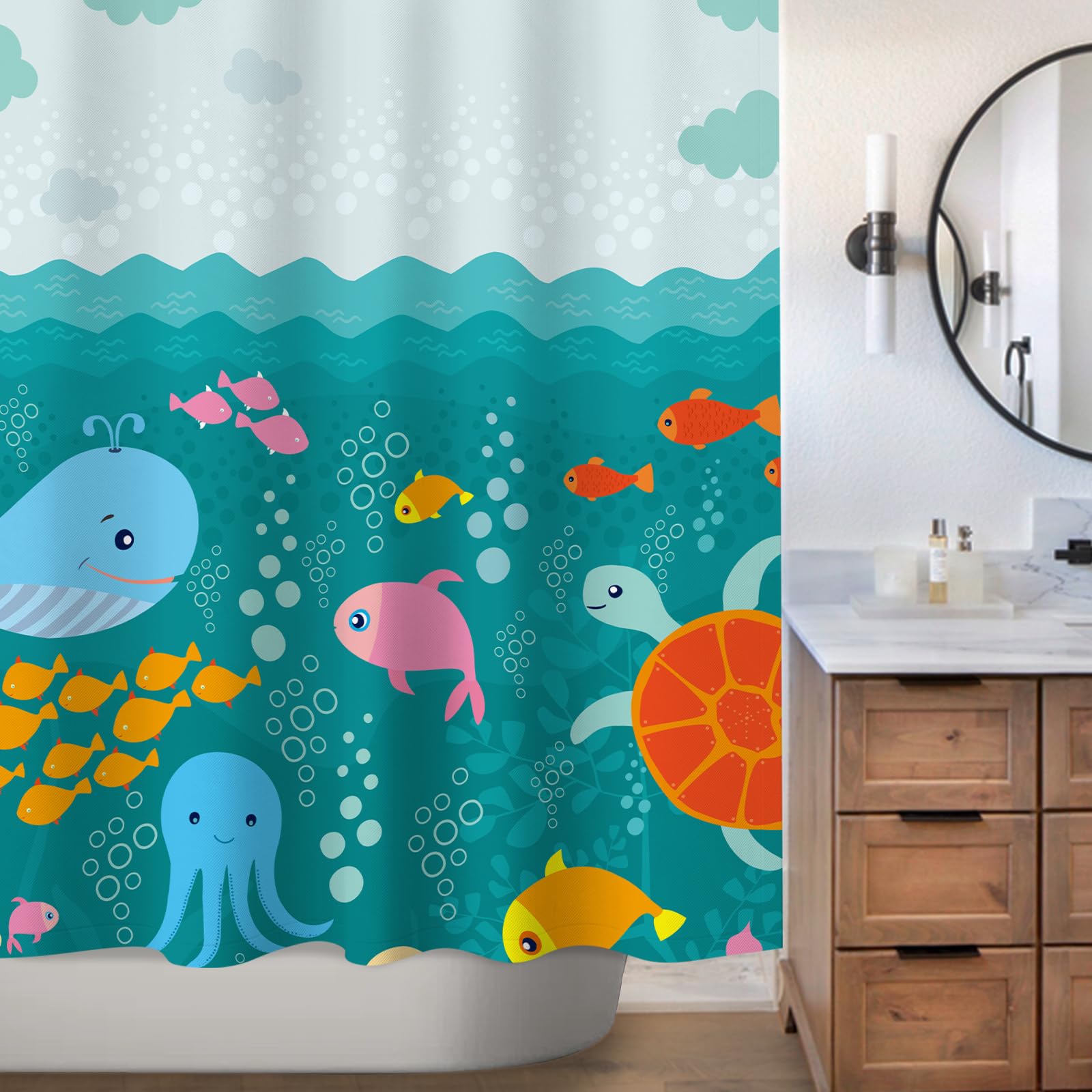 Sunlit Lovely Cartoon Sea Creatures Fabric Shower Curtain For Kids, Whale Turtle And Fish Bathroom Decor Curtain For Girls And B
