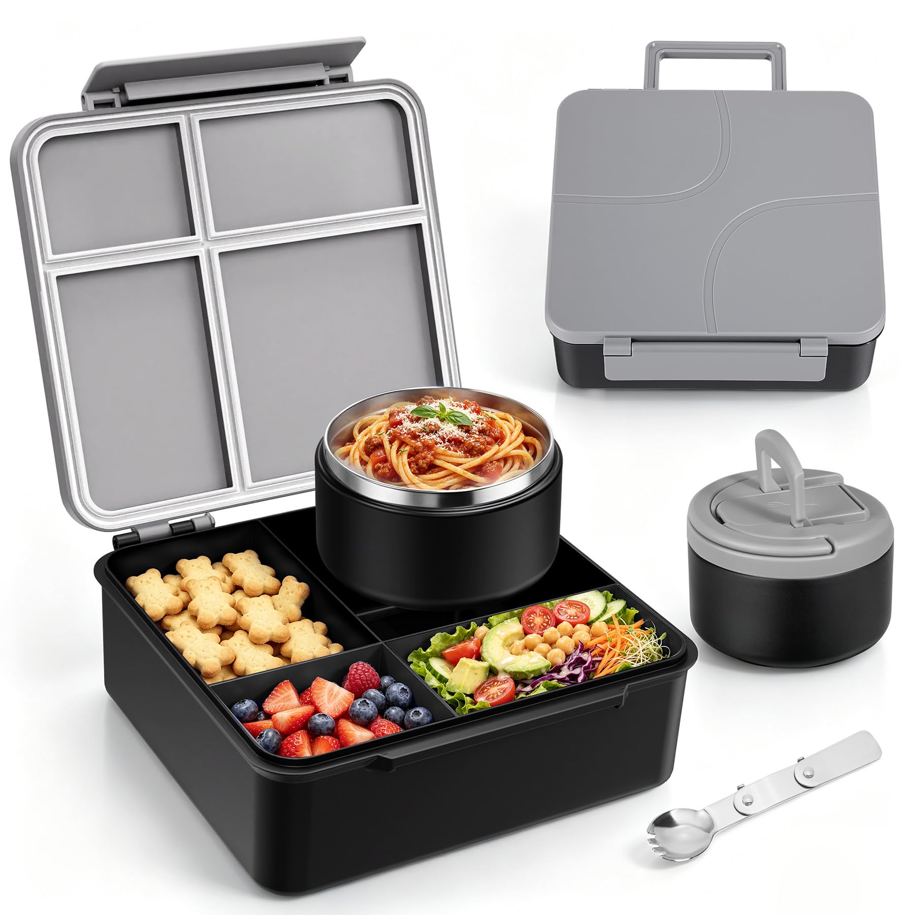 MAXSO Bento Lunch Box Set for Kids with 8 oz Soup Thermo, Leakproof Hot Food Container with 4 Compartments, Insulated Food Jar f