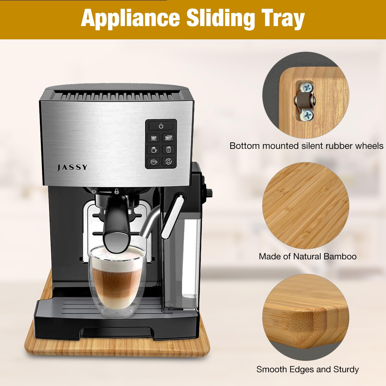 Bayting Bamboo Appliance Sliders For Kitchen Appliances, Sliding Tray With Silent Rubber Wheels For Coffee Maker, Kitchen Counte
