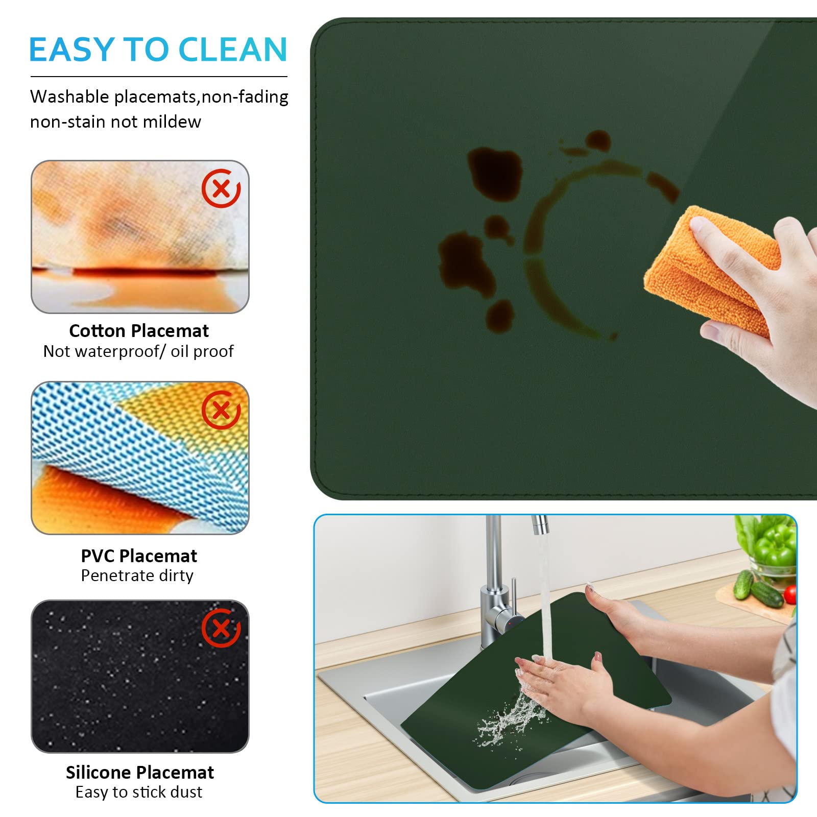 Aplker Vinyl Placemats Set Of 6, Green Waterproof Faux Leather Heat Resistant Kitchen Place Mats, Wipeable Dining Table Place Ma