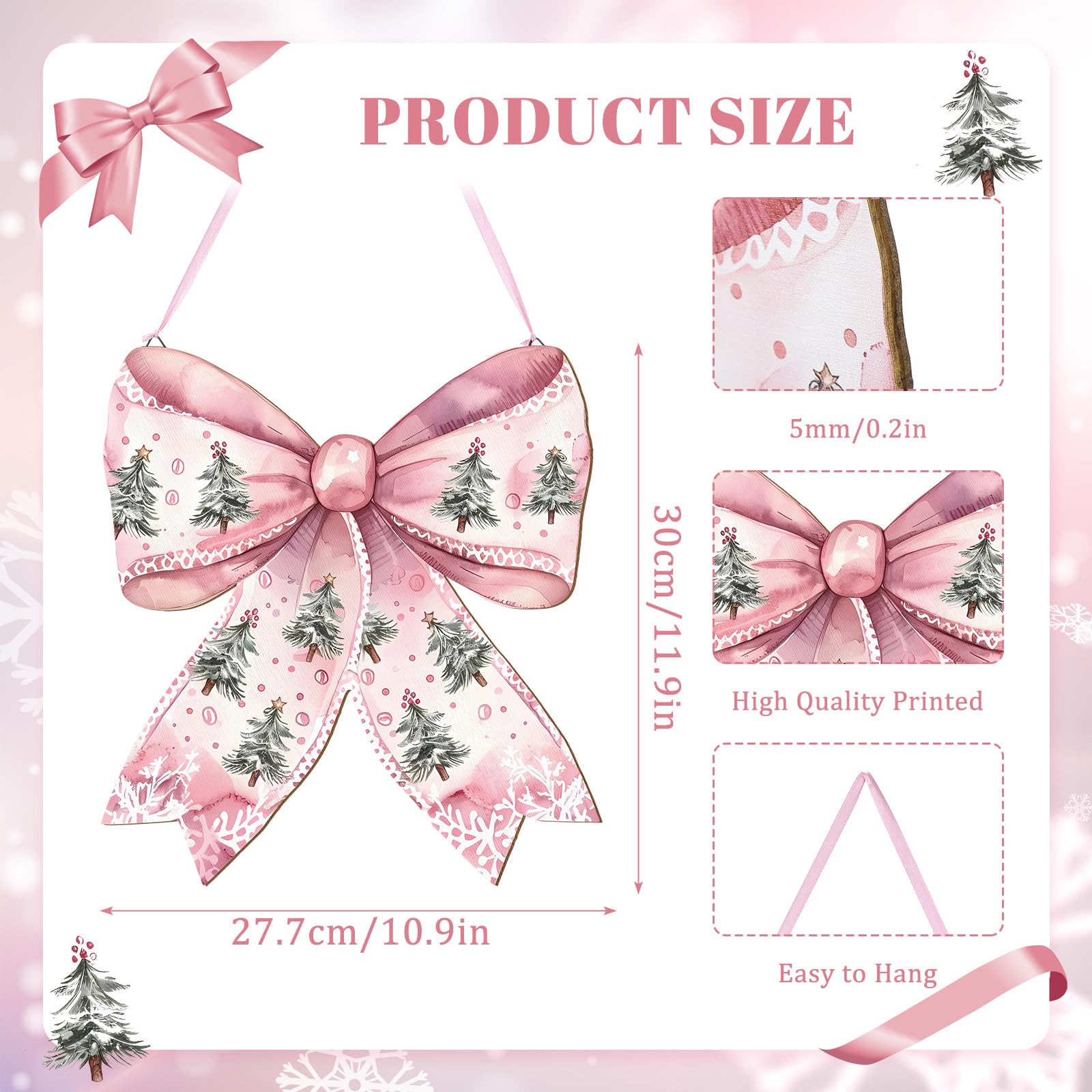 RattanView Christmas Tree Pink Bow Wooden Hanging Sign Coquette Bow Wall Hanging Hanger Xmas Cute Preppy Wall Art Bowknot Welcom