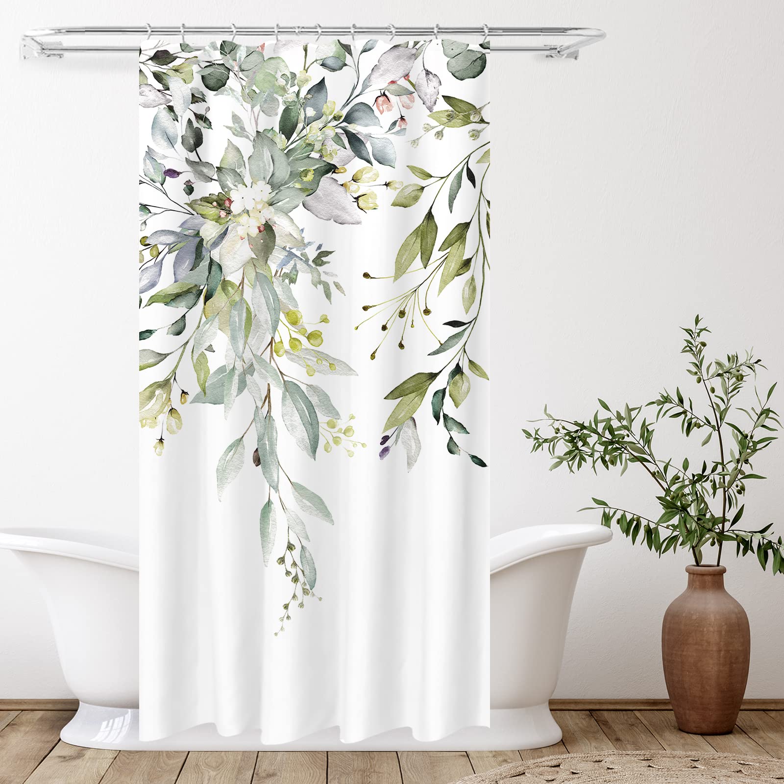 Tititex Green Eucalyptus Shower Curtain Sets, Watercolor Leaves On The Top Plant With Floral Bathroom Decoration 36X72 Inch With
