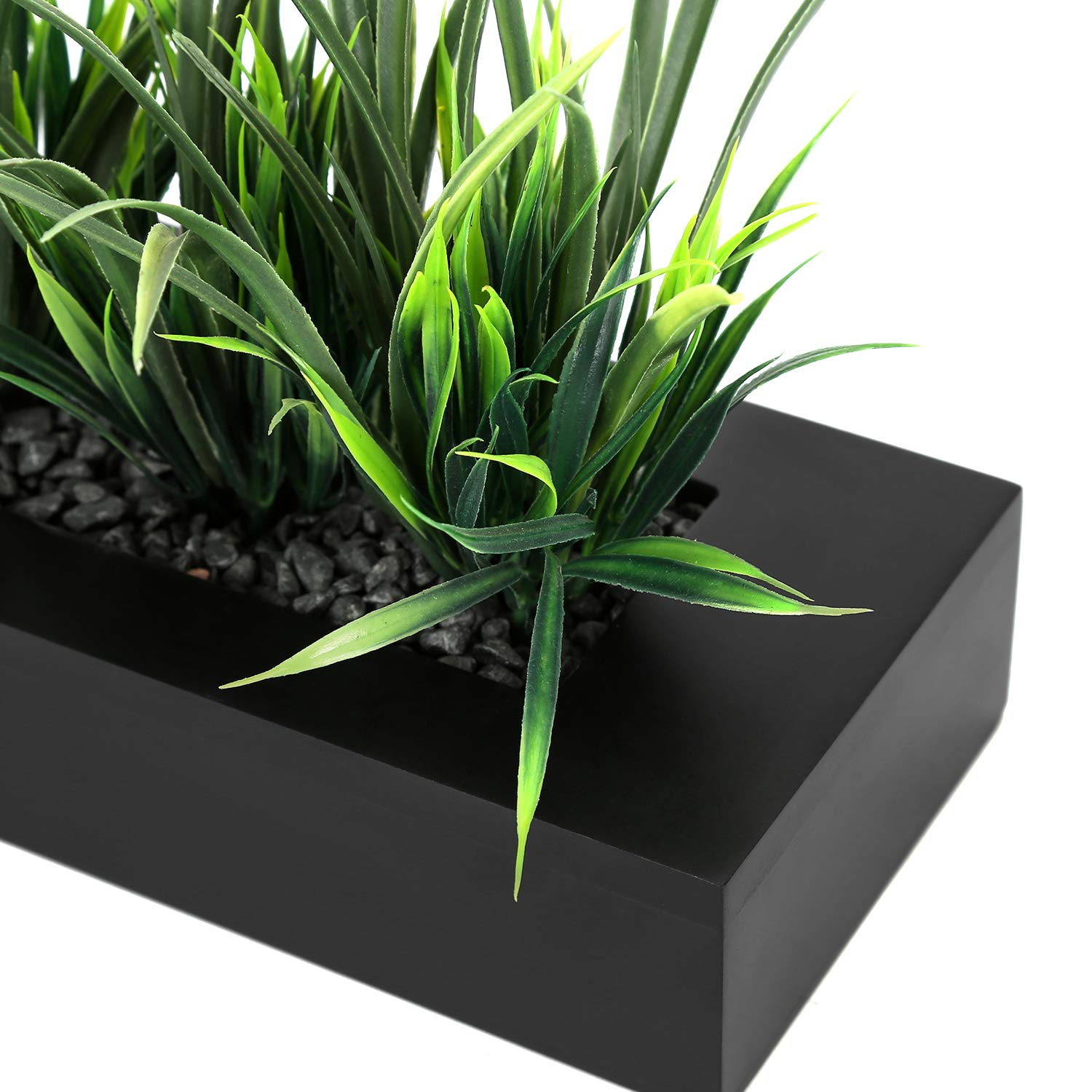 MyGift Artificial Green Grass Plants Potted in 9-inch Matte Black Wood Decorative Planter, Tabletop Faux Greenery in Wooden Rect