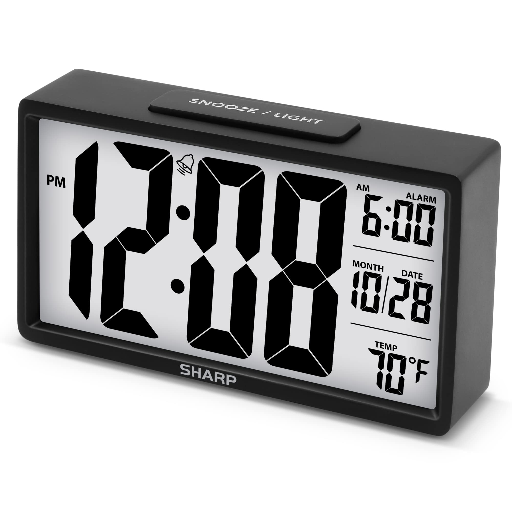 SHARP Alarm Clock with Easy to Read 2.8 Jumbo Screen with Indoor Temperature, Nightlight, Calendar, Battery Operated Digital C