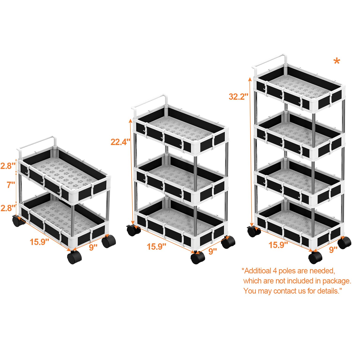 Nunet Under Sink Organizer W. Locking Casters & Handle 2/3/4 Tier Adjustable Small Rolling Cart Cabinet Storage Large Capacity M