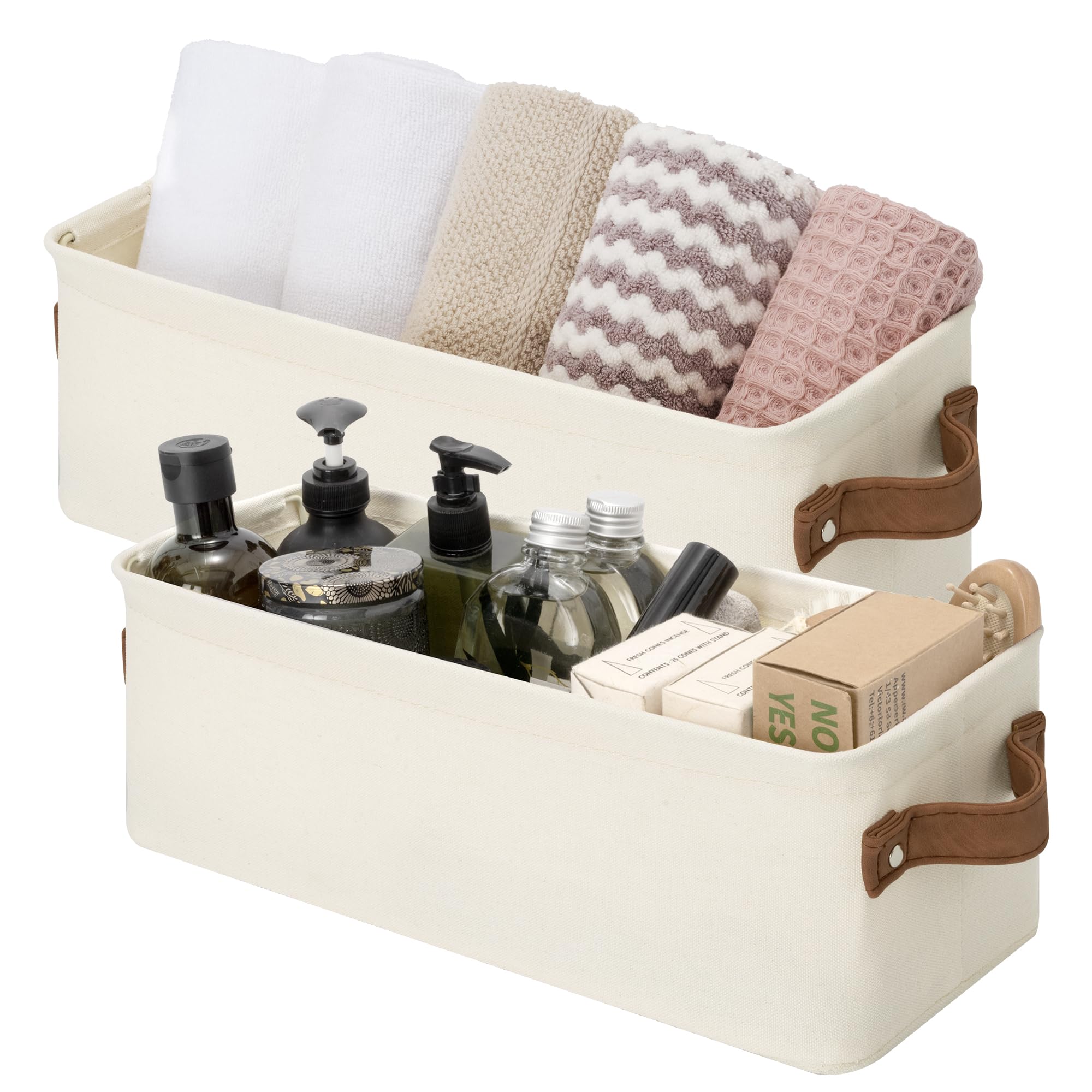 StorageWorks Narrow Storage Bins, Small Basket for Closet and Shelves, Fabric Organizer with Handles, Toilet Paper Storage, Natu