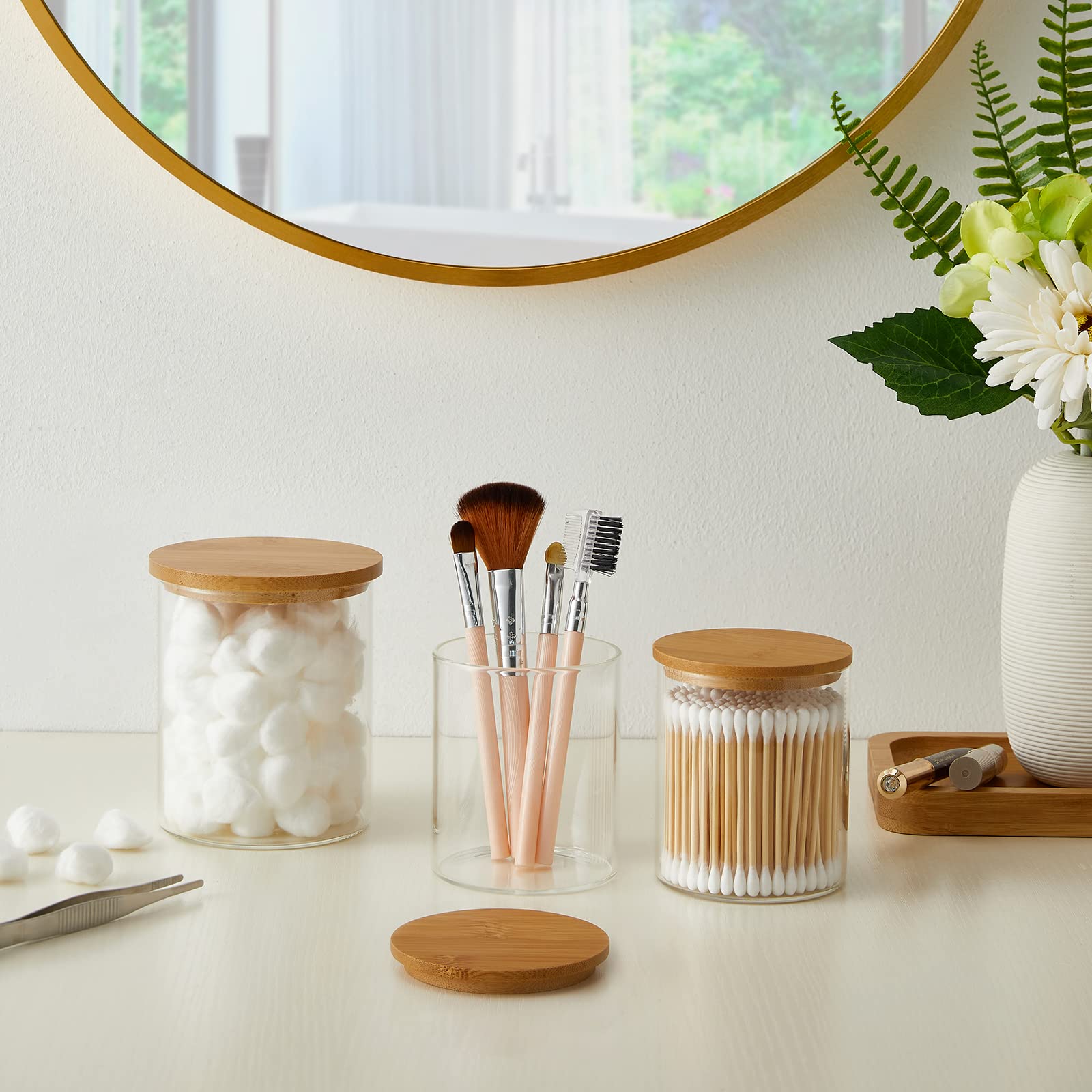 Iniunik Glass Qtip Holder Dispenser With Bamboo Lid - 2 Pack Apothecary Jars - Cotton Balls Pads Swabs Holder Jar - Bathroom Van