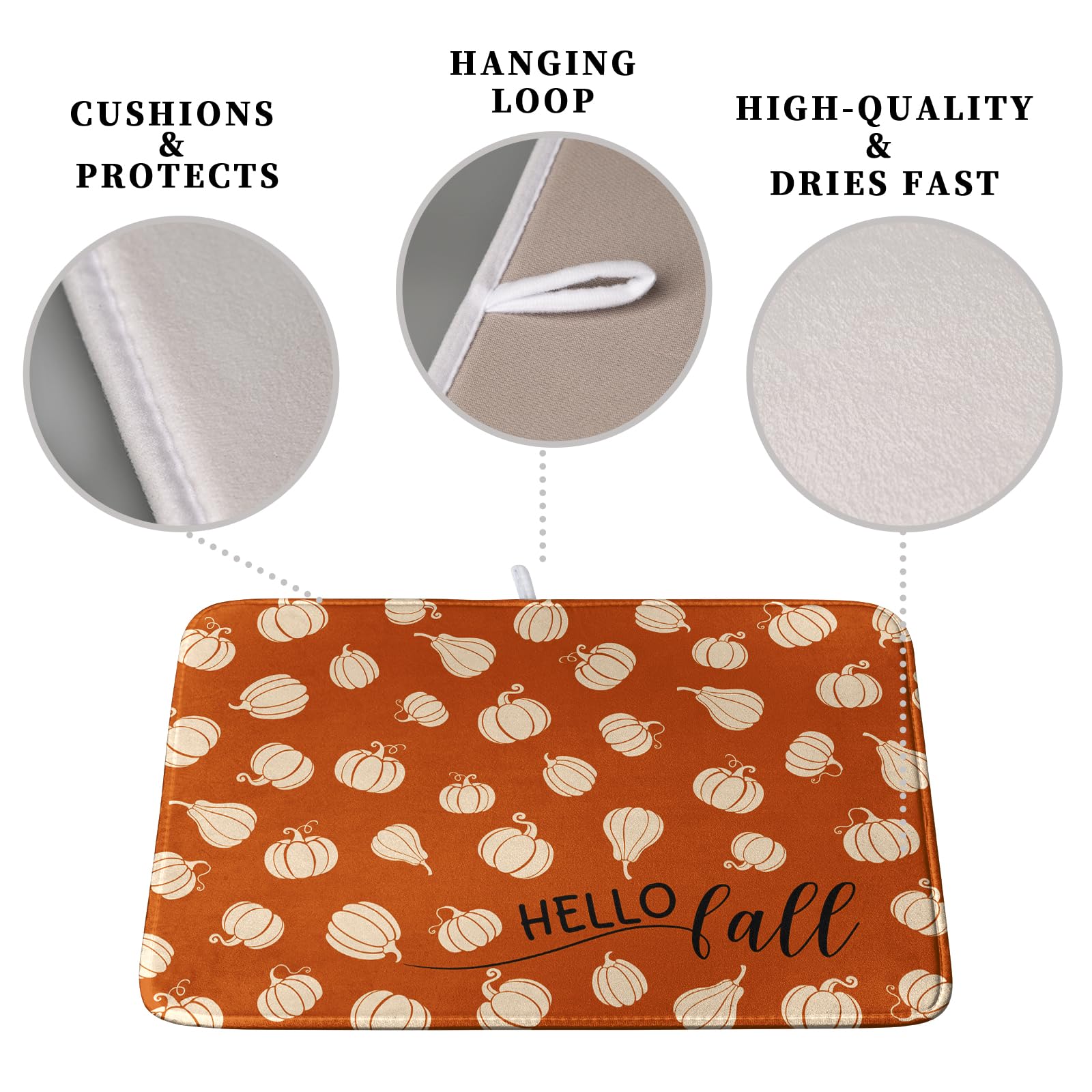 Kwlegh Hello Fall Drying Mat for Kitchen Counter Autumn Orange Pumpkin Dry Dish Mat Thanksgiving Absorbent Microfiber Dish Drain
