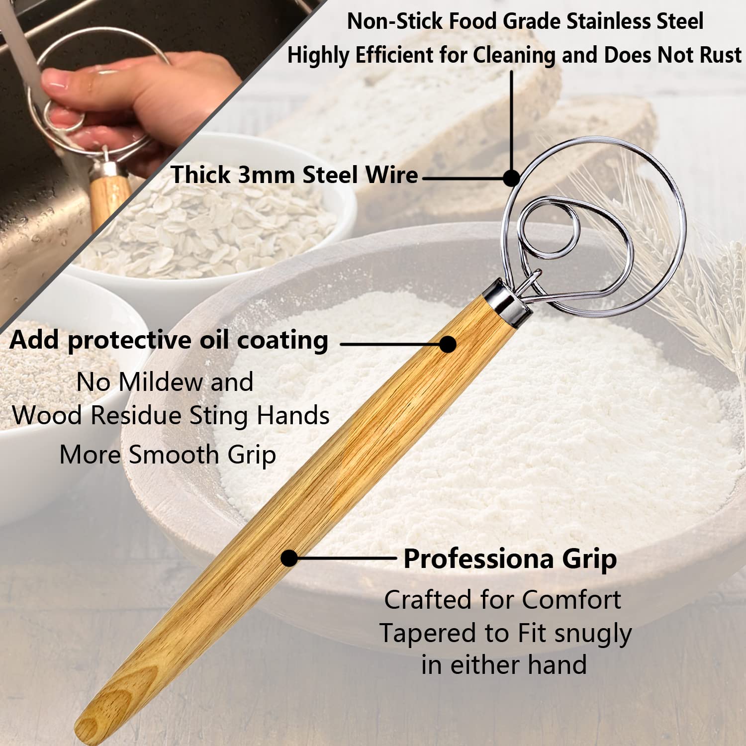Danish Dough Whisk, Dutch Style Bread Whisk For Sourdough Cooking Kitchen With Stainless Steel Danish Sourdough Whisk Bread Mixe
