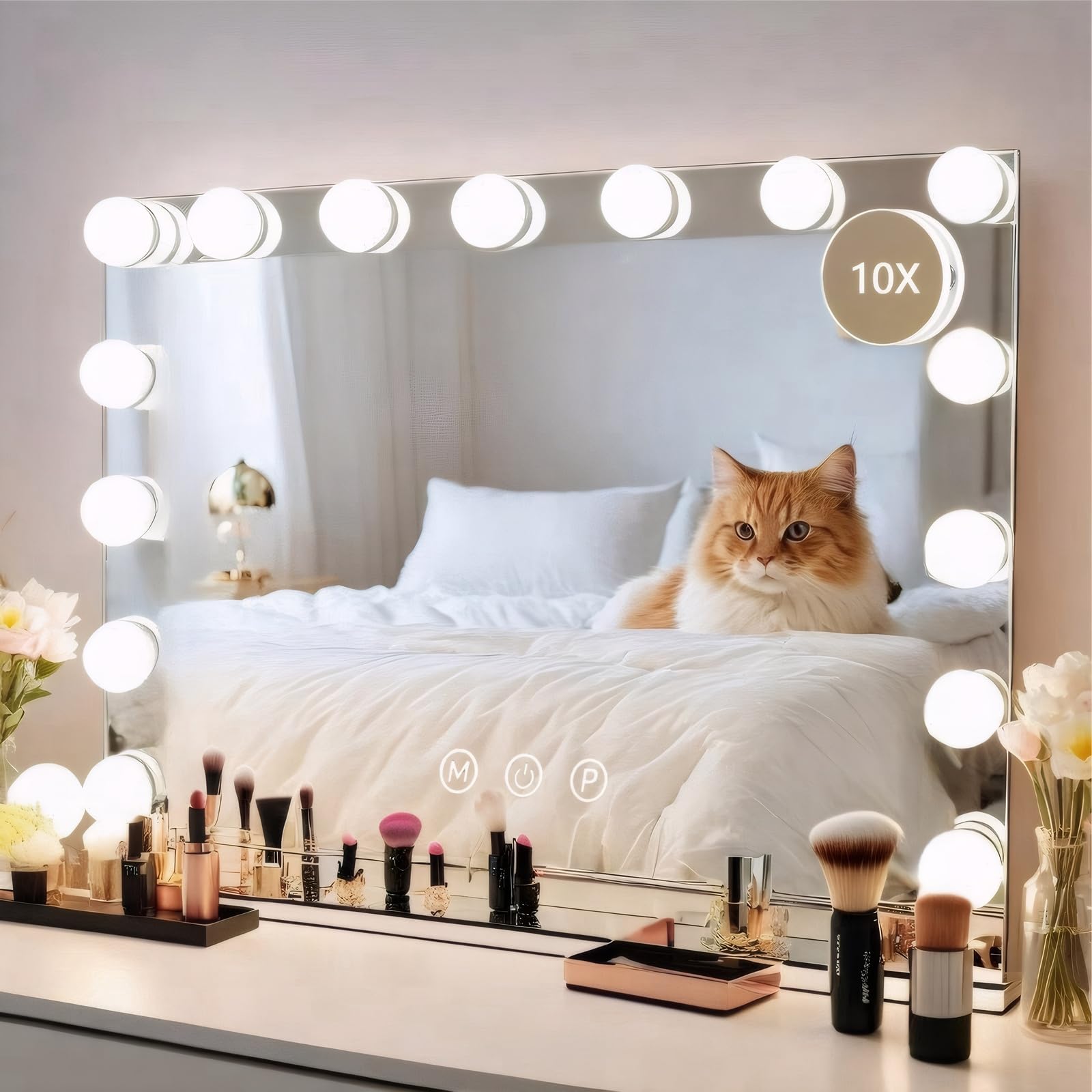 Vanity Mirror With Lights 22.8'' X 18.2'' White Makeup Mirror Hollywood Mirror With 15 Dimmable Led Bulbs 3 Color Modes 10X Magn
