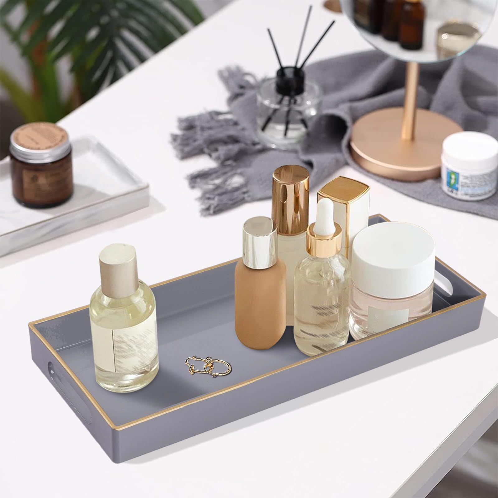 Maoname Gray Bathroom Tray, Plastic Vanity Tray, Countertop Tray, Gold Edged Decorative Tray With Handles, Perfume Organizer For