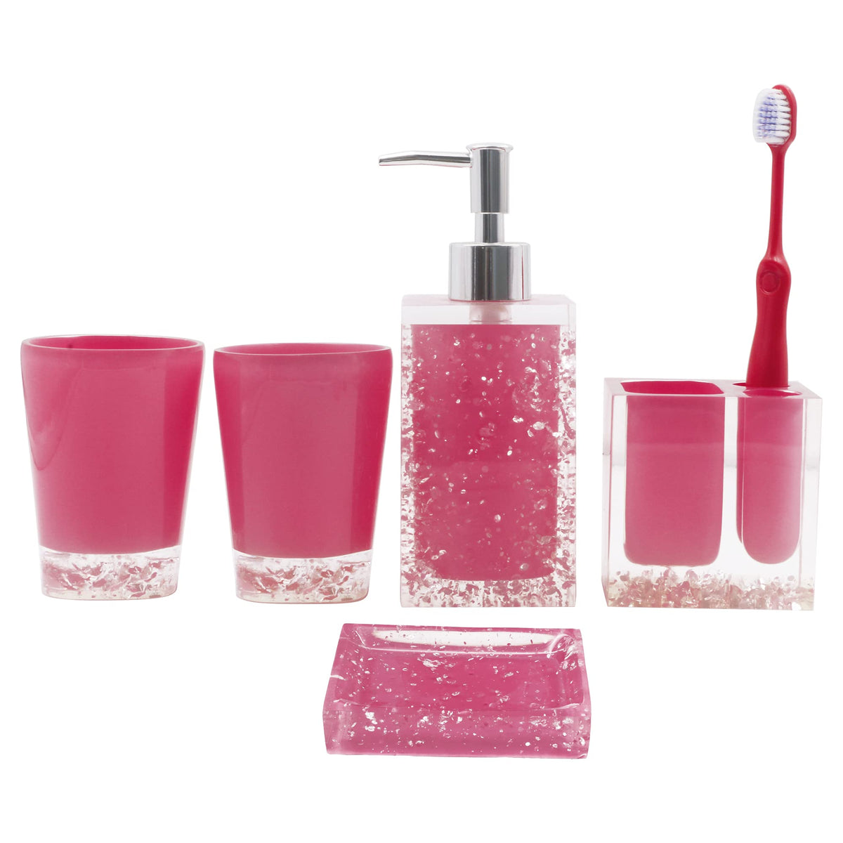 Luant Resin Soap Dish, Soap Dispenser, Toothbrush Holder & Tumbler Bathroom Accessory 5 Piece Set (Pink)