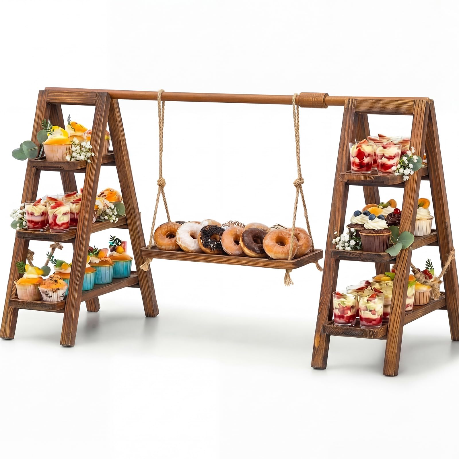 Beeveer Wooden 3 Tier Swing Cupcake Stand with Serving Platter Foldable Ladder Stand Dessert Display Snack Fruit Cake Bread Cent