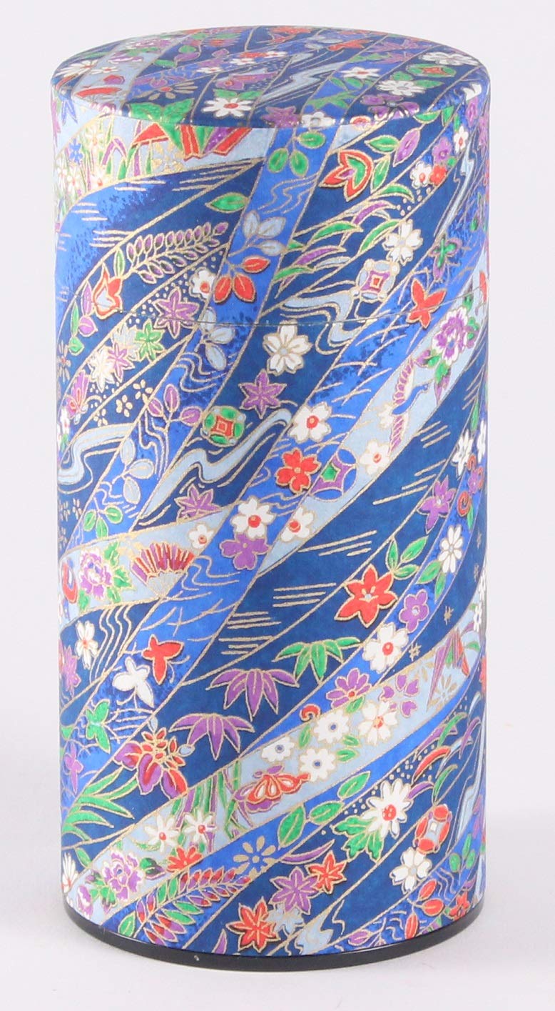 Kotodo Washi Paper Tea Tin Canister: Long 7Oz (200G) Shades Of Blue Ribbons (#114), Japan