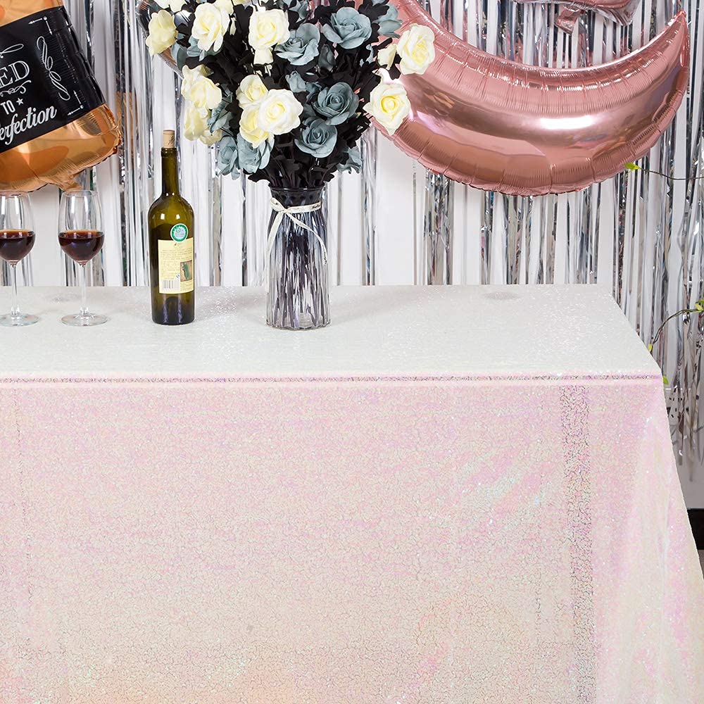 Jyflzq White Iridescent Sequin Tablecloth 90 X 132 Rectangular Sparkly Drape Table Cloths Table Cover Overlay For Wedding Birthd