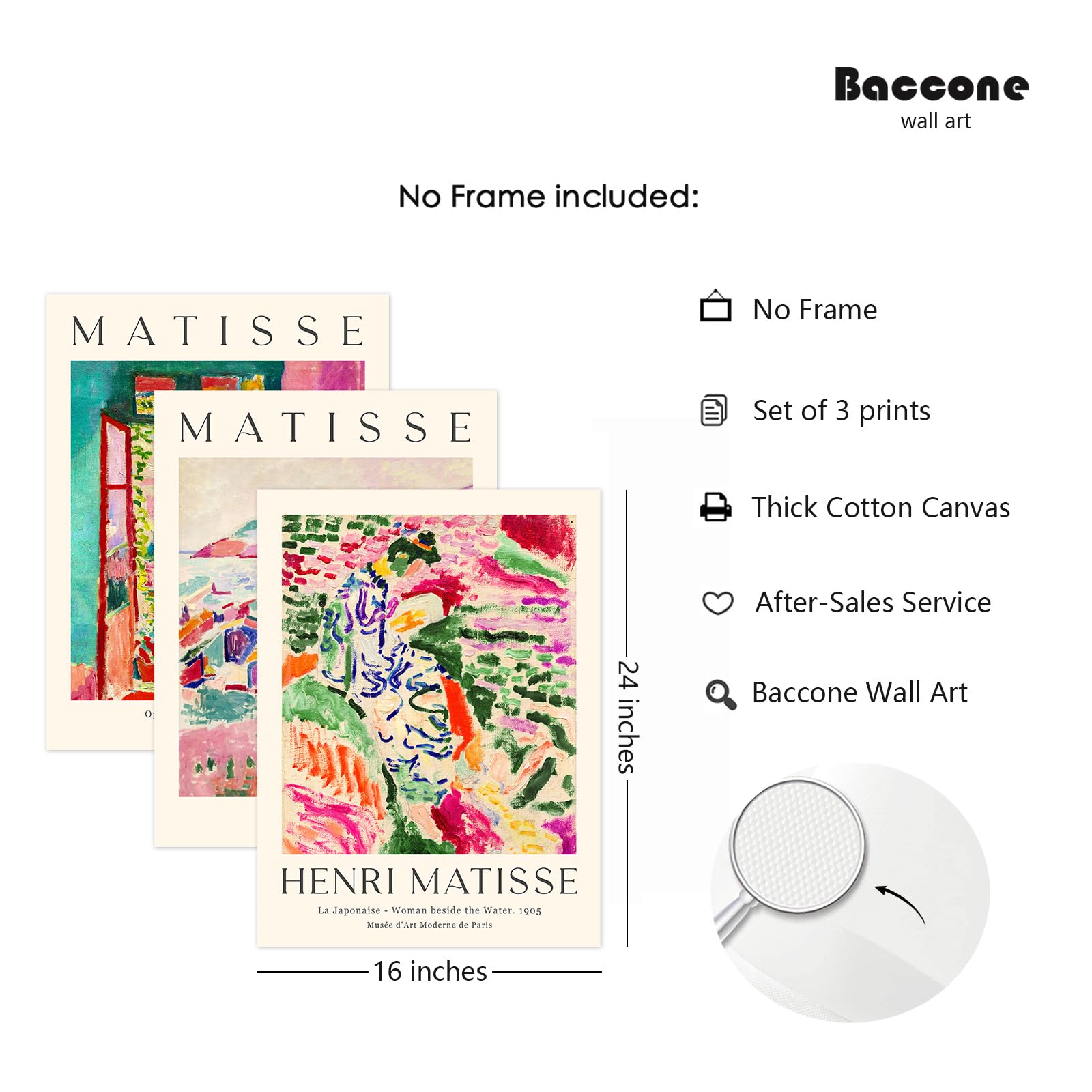 Baccone Henri Matisse Wall Art Prints Set of 3, Unframed Canvas Decor, 16x24 Inch, Abstract Pink Vintage Flower Art