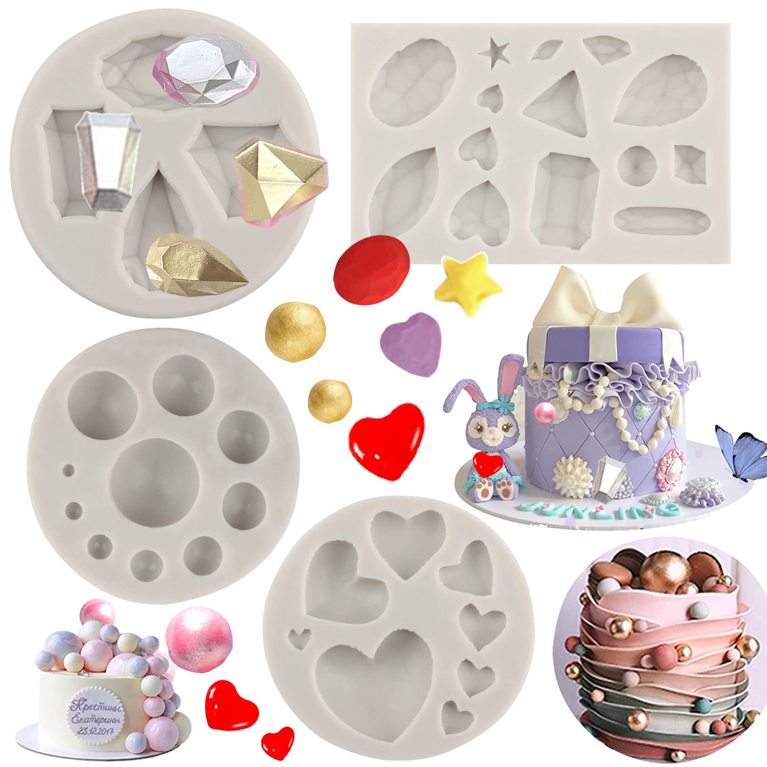 Sijiangmold Mini Gems Silicone Molds Pearl Diamond Brooch Fondant Mold Semi Sphere Ball Chocolate Mold For Cake Decoration Cupca