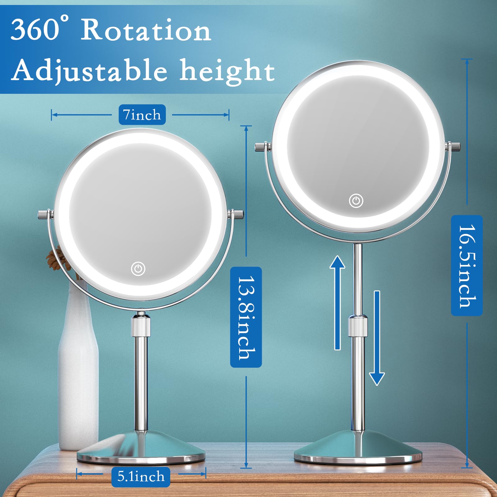 Niuphia Vanity Mirror With Lights 7'' Rechargeable 1X/10X Lighted Makeup Mirror Adjustable Height Double Sided Mirror With Light