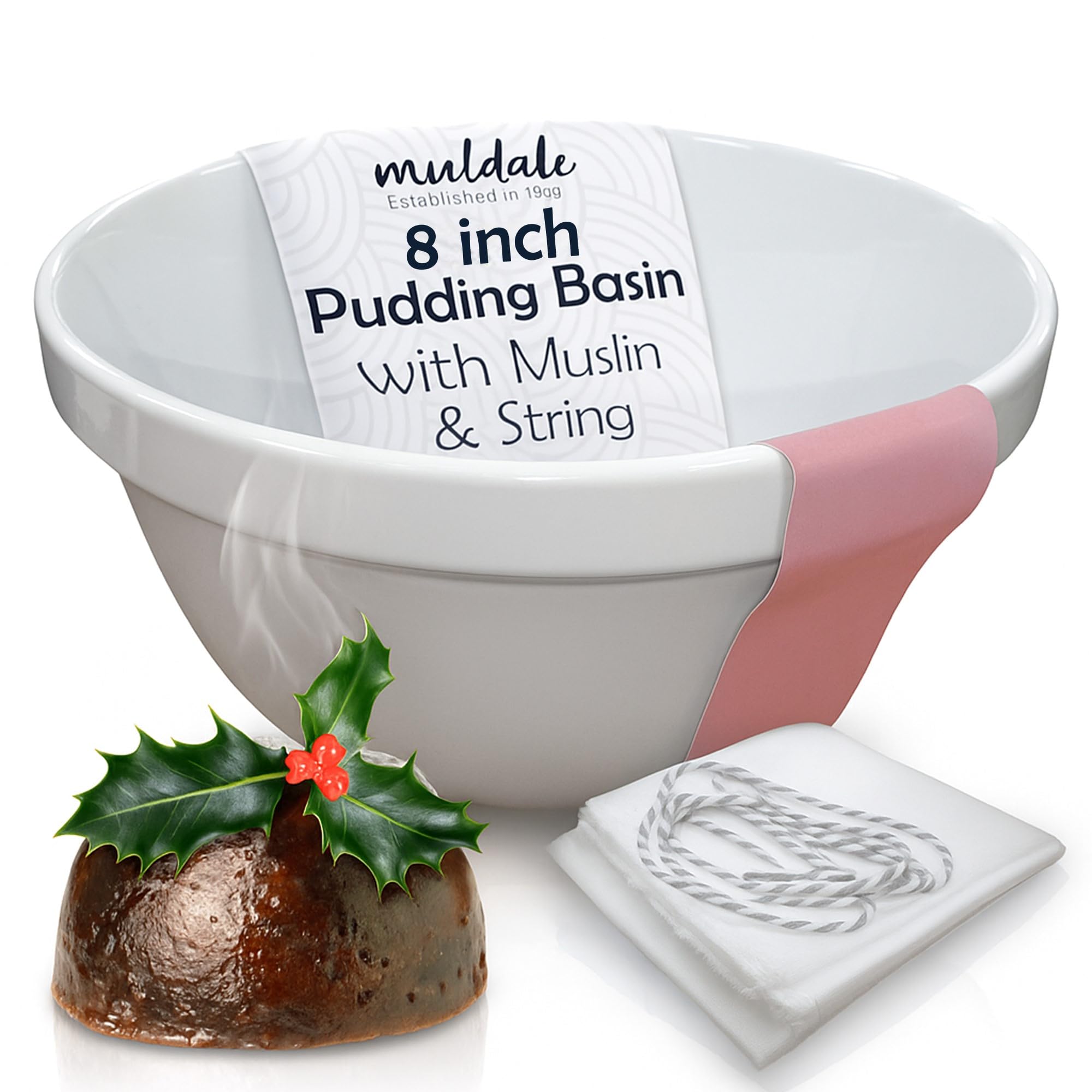 Muldale Christmas Pudding Basin for Steaming - 1.6qt Winter Steamed Pudding Mold Bowl - Ovenproof Durable and Sturdy White Ceram