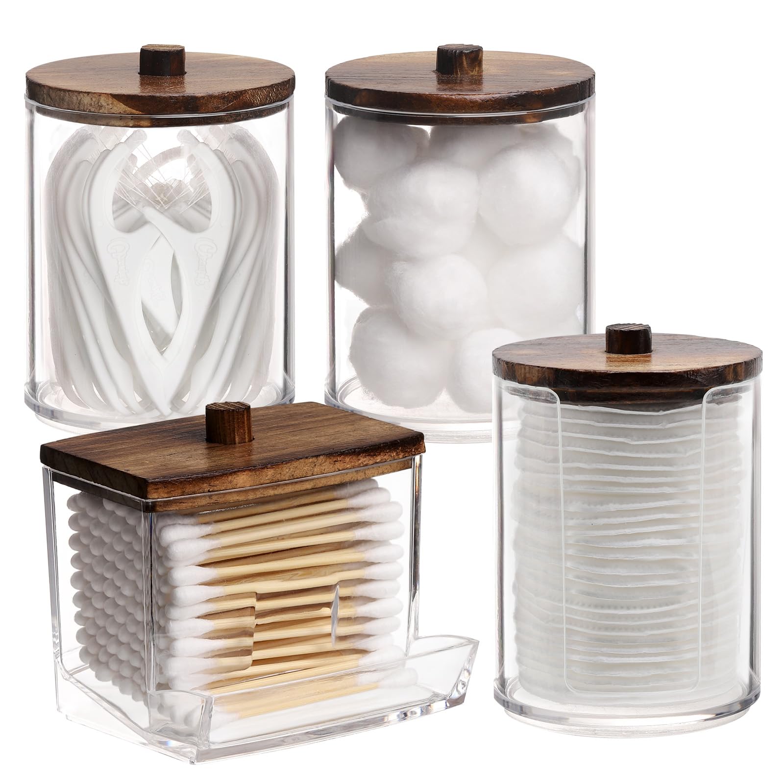 Tbestmax 4 Pack Qtip Holder Dispenser, 10/7Oz Bathroom Container For Cotton Ball Cotton Swabs Pads, Apothecary Jar With Wood Lid