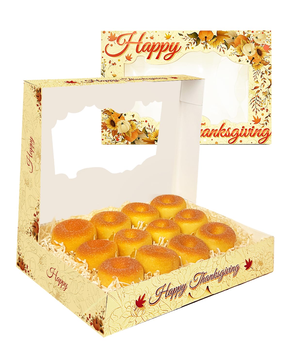 qiqee Thanksgiving 14x10x2.5 inch Auto-pop Up 24Pcs Cookie Box with Window Thanksgiving Pumkin Flower Pastry Macaron Bakery Box