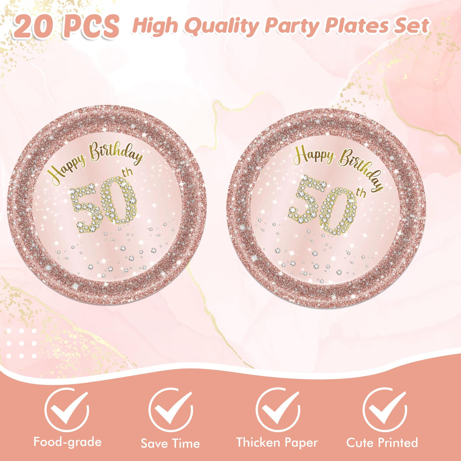 41Pcs 50Th Birthday Decorations, Rose Gold Birthday Party Supplies Include 20Pcs Plates 20Pcs Napkins And 1Piece Tablecloth, Swe