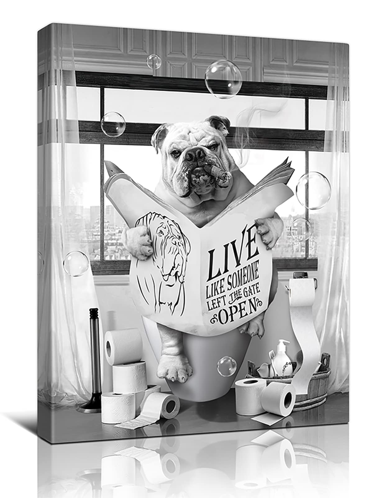 Black And White Dog Bathroom Decor Funny Dog Wall Art Boxer Read Newspaper Picture Morden Bathroom Paintings For Wall Home Decor