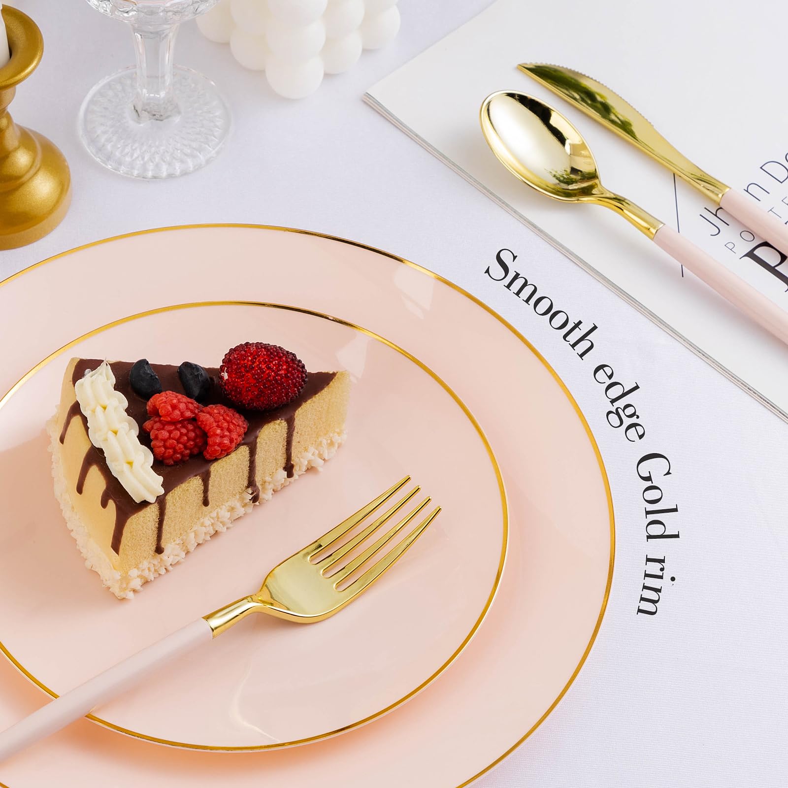 Bestluck 100Pcs Pink Gold Plastic Plates, Pink Disposable Plates For 50 Guests, Pink Pastic Plates Include 50 Dinner Plates, 50