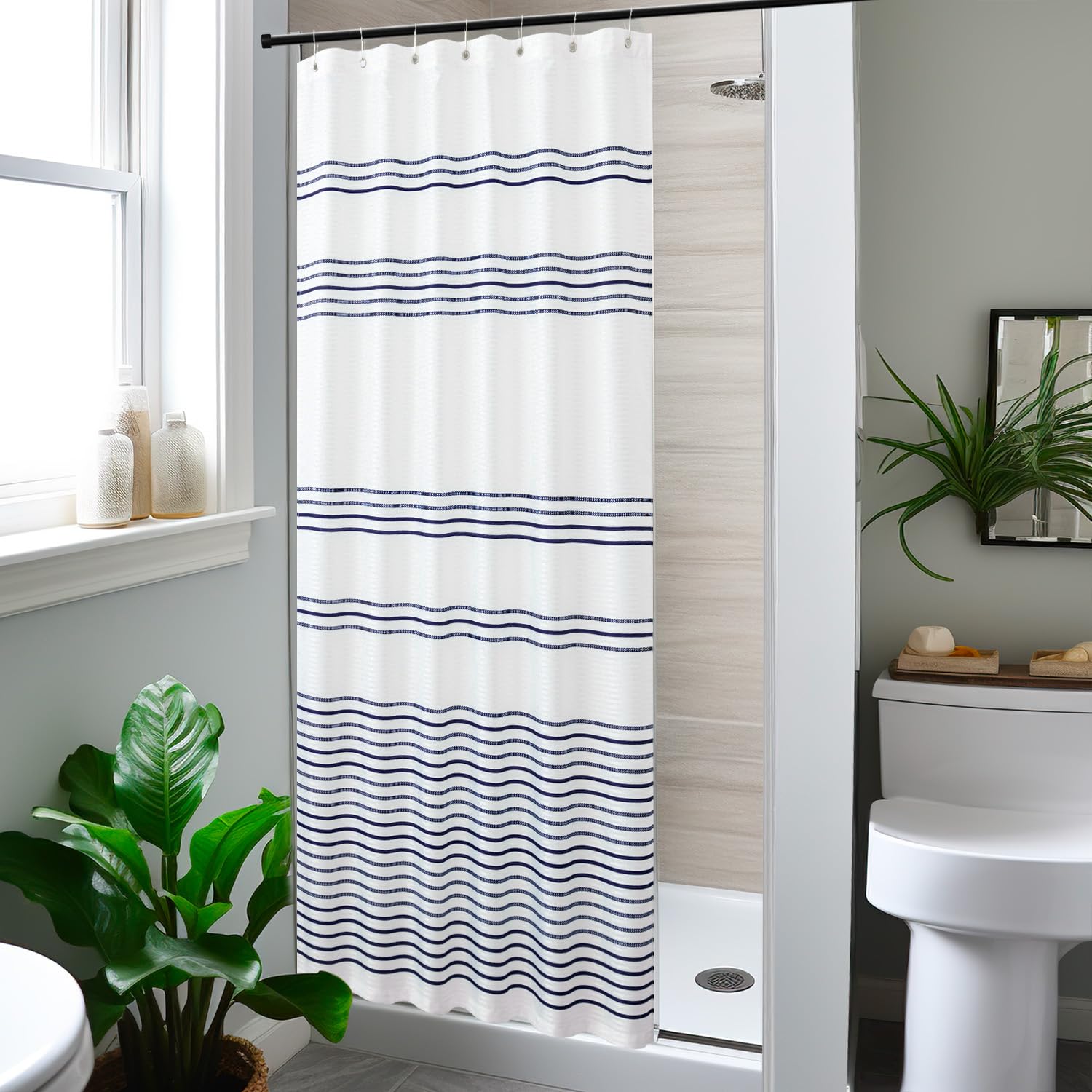 Jinchan Small Stall Shower Curtain 36X72 Inches Fabric Shower Curtain Navy Blue And White Striped Shower Curtains For Bathroom W