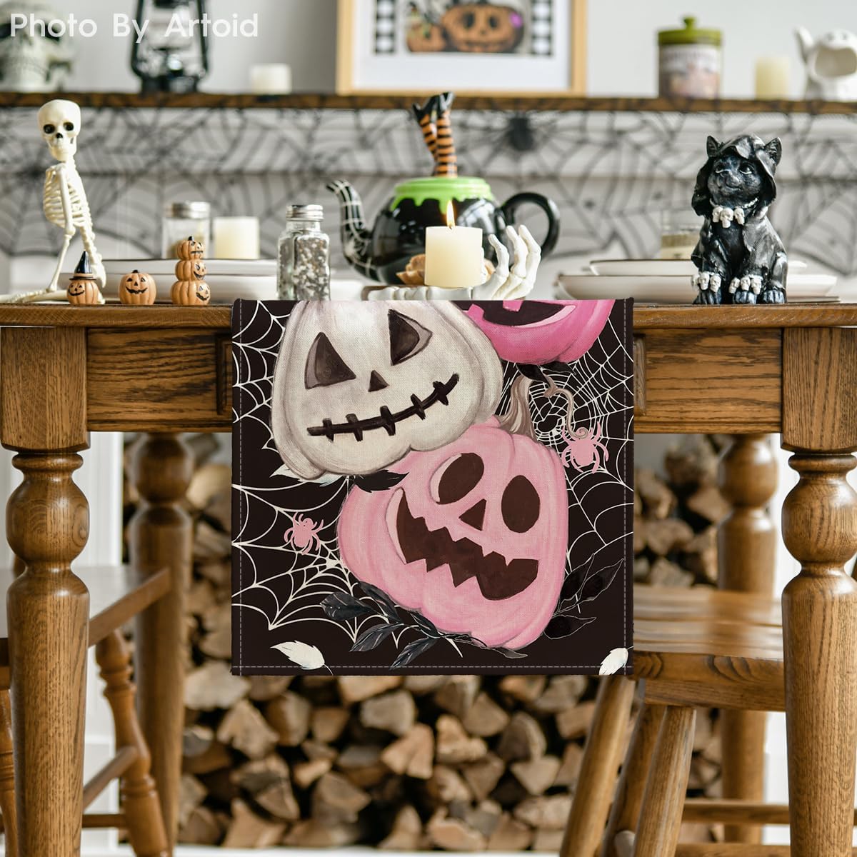 Artoid Mode Pink Pumpkins Spider Web Halloween Table Runner, Seasonal Fall Black Kitchen Dining Table Decoration For Home Party