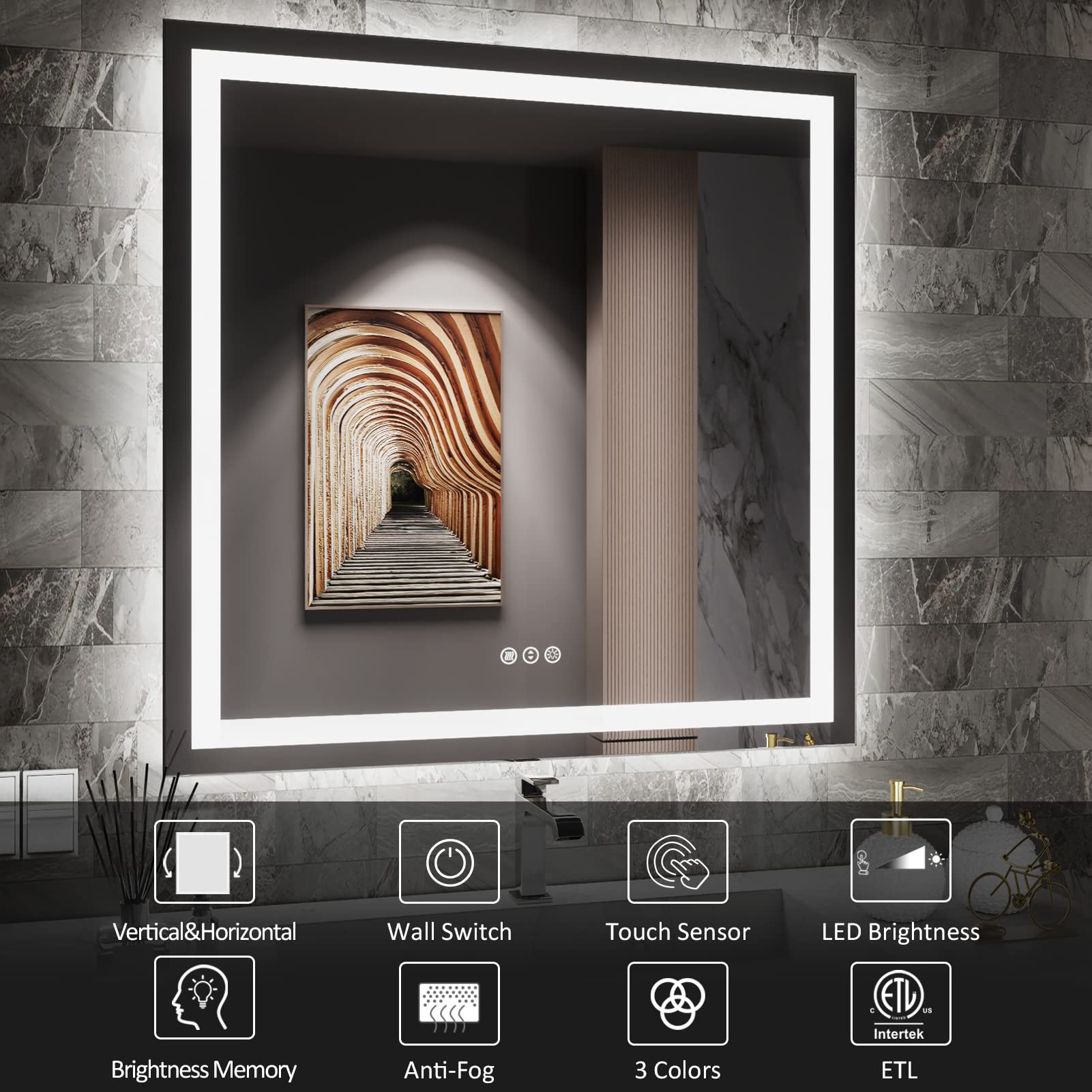 Amorho LED Bathroom Mirror 38''x 38'' with Front and Backlit  Stepless Dimmable Wall Mirrors with Anti-Fog  Shatter-Proof  Memory  3 Colors  Double LED Vanity Mirror