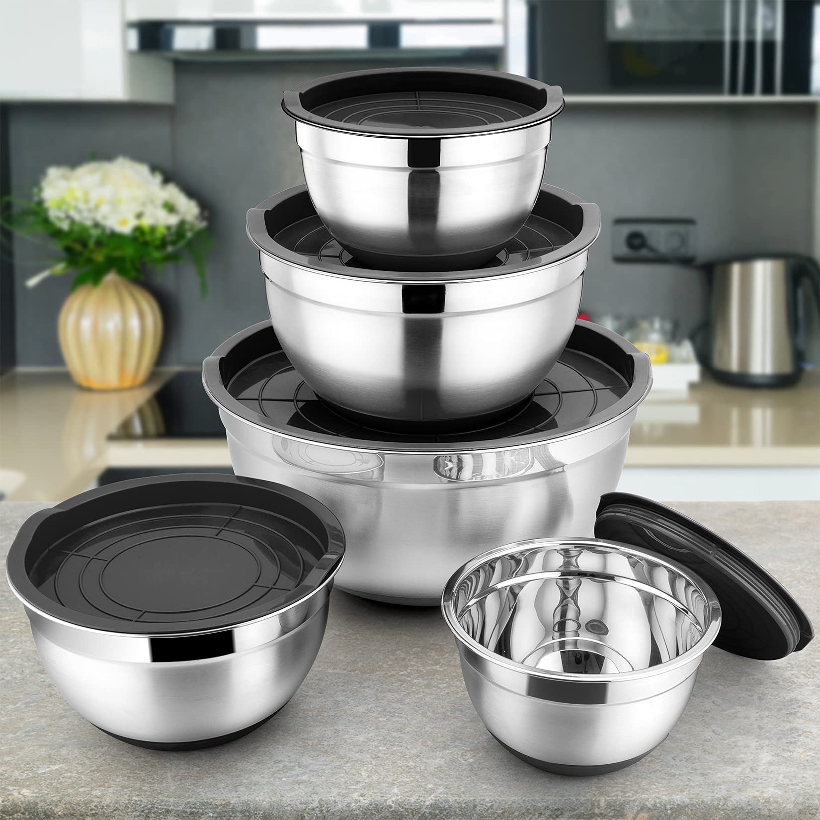 P&P Chef Black Mixing Bowls With Lids Set Of 5 Stainless Steel Black Nesting Bowl With Plastic Lid, Non-Slip Silicone Base & 5 S