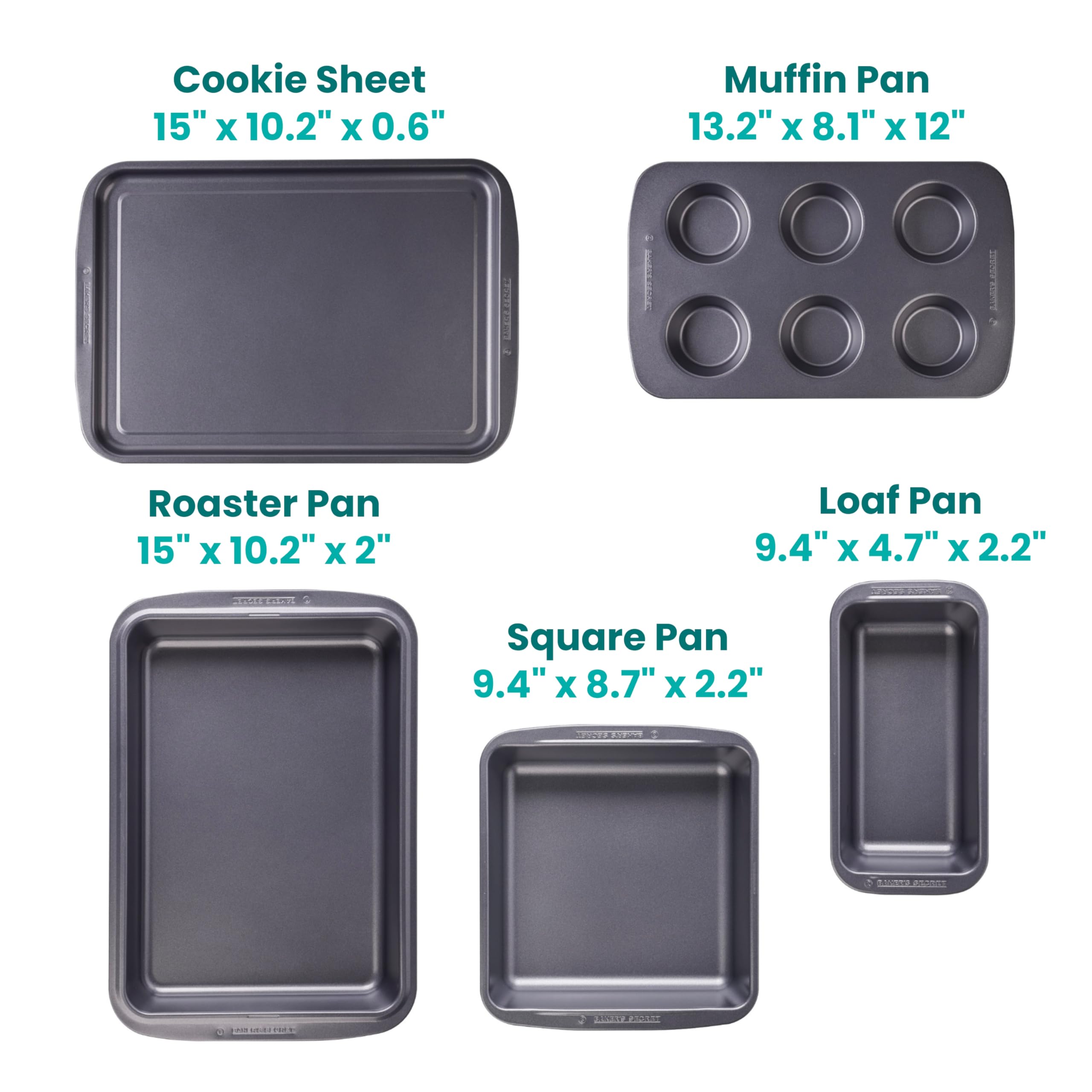 Baker'S Secret Bakeware Sets Stackable Baking Set Of 5 Bakeware Pans, Bakeware Set, Baking Pan Set, Muffin Pan, Roaster Pan, Squ