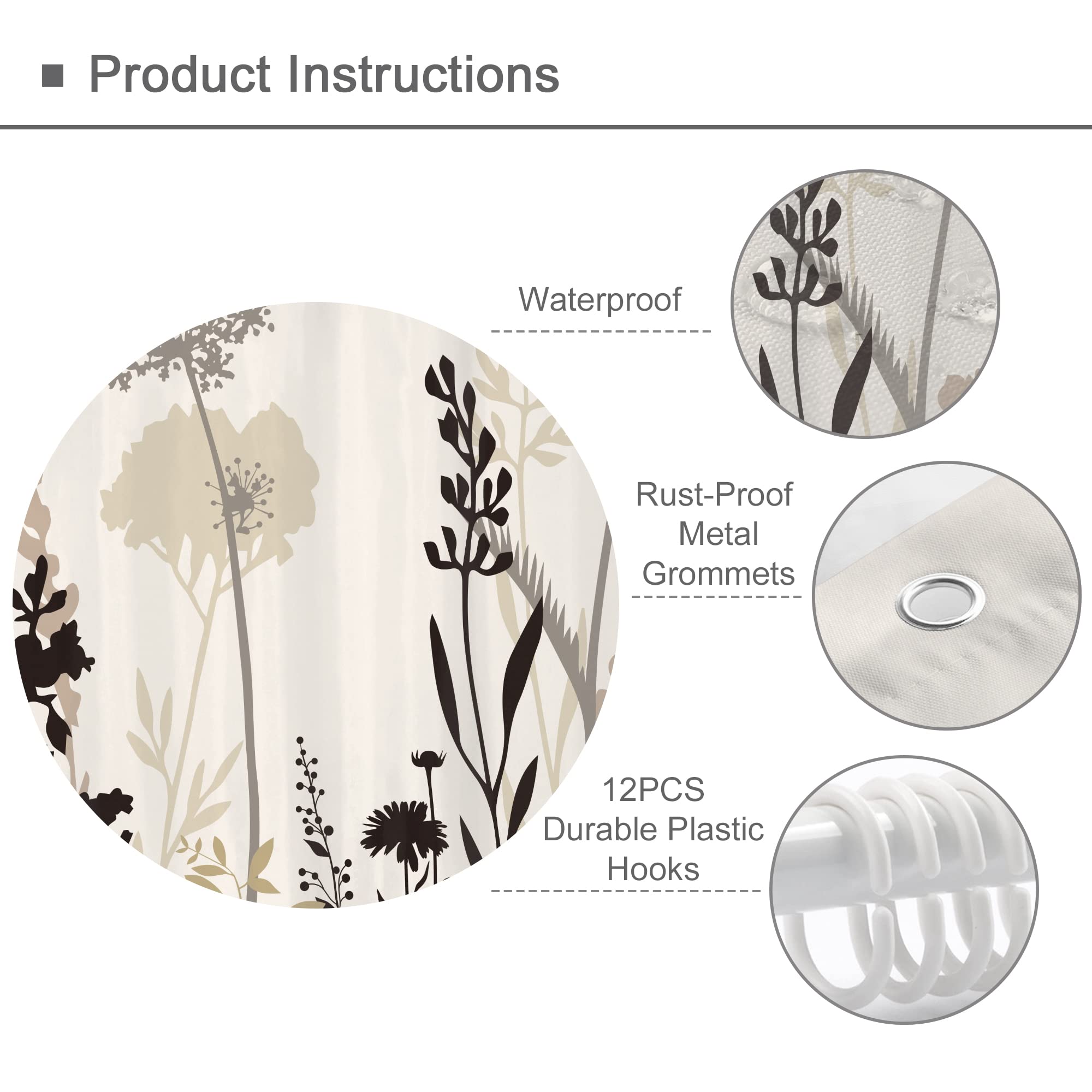 Omifly Beige Shower Curtain Cream Floral 60X72 Taupe Brown Silhouette Flower Rustic Boho Wildfloral Leaves Plants Botanical Vint