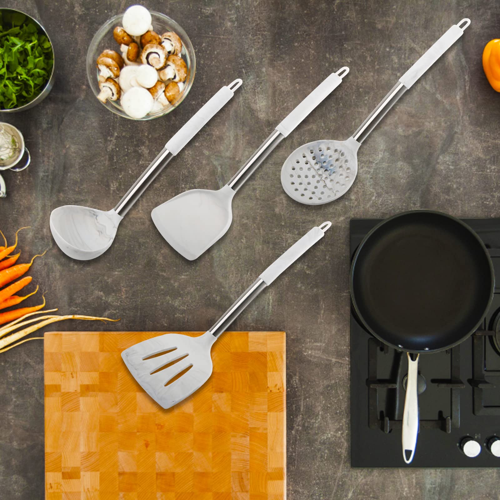 4Pcs Silicone Cooking Utensils Set-Heat Resistant Kitchen Utensils With Stainless Steel Handle,Spatula,Turner, Slotted Spoon,Lad