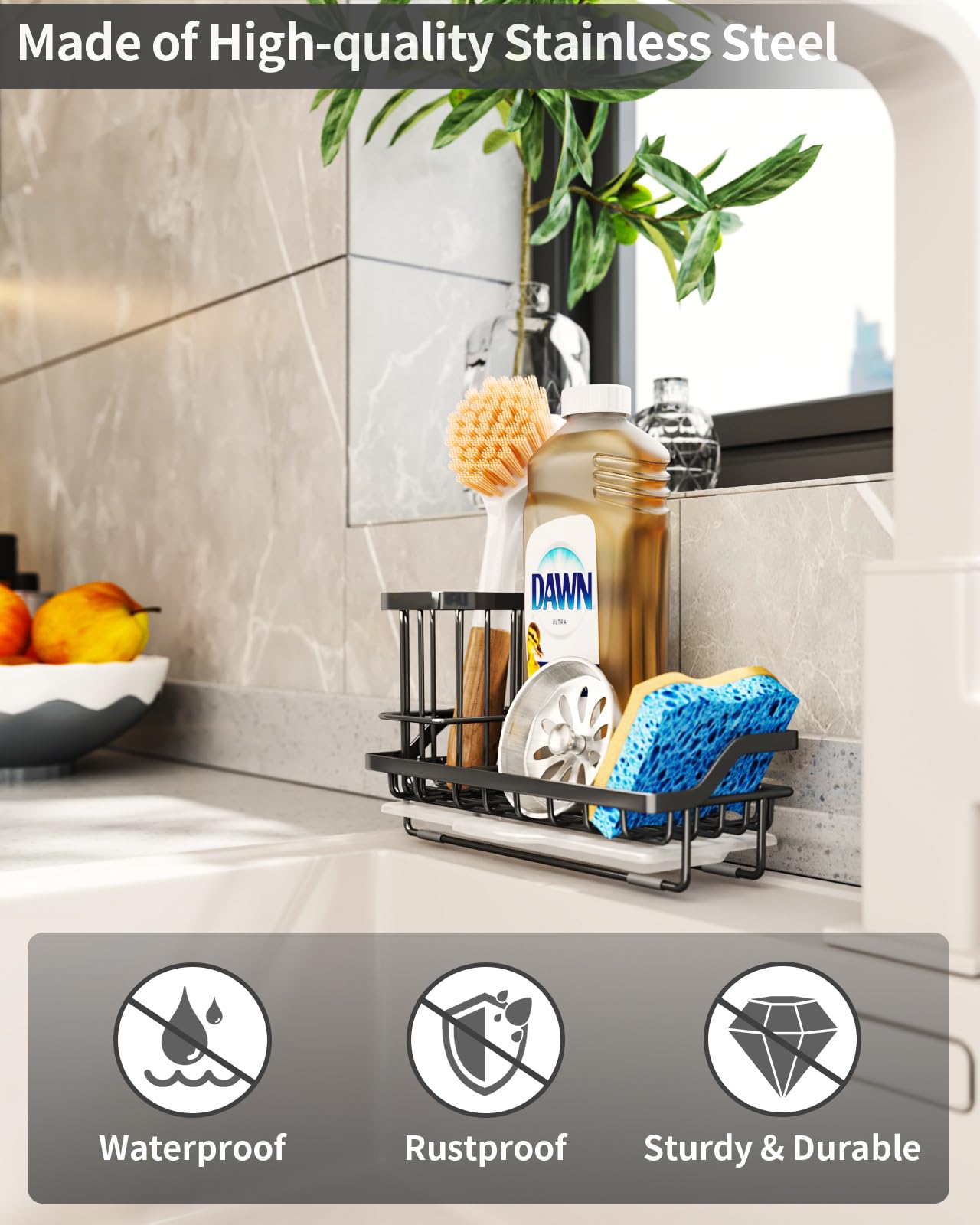 Swtymiki Sink Caddy Sponge Holder - Kitchen Sink Organizer With High Brush Holder For Countertop By The Sink Holding Dish Soaps