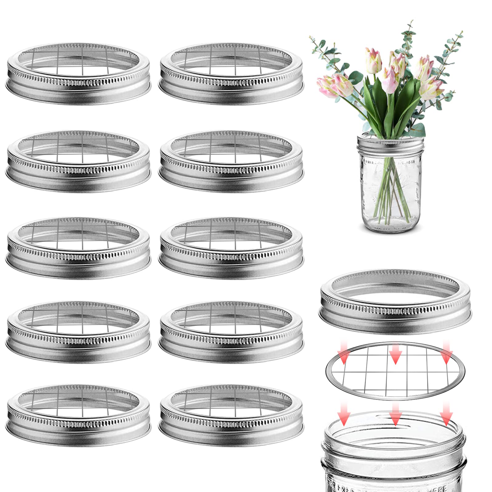 10 Pack Mason Jar Flower Frog Lid Mason Grid Flower Organizer Lid Insert For Valentine'S Day Home Kitchen Office Regular Mouth M