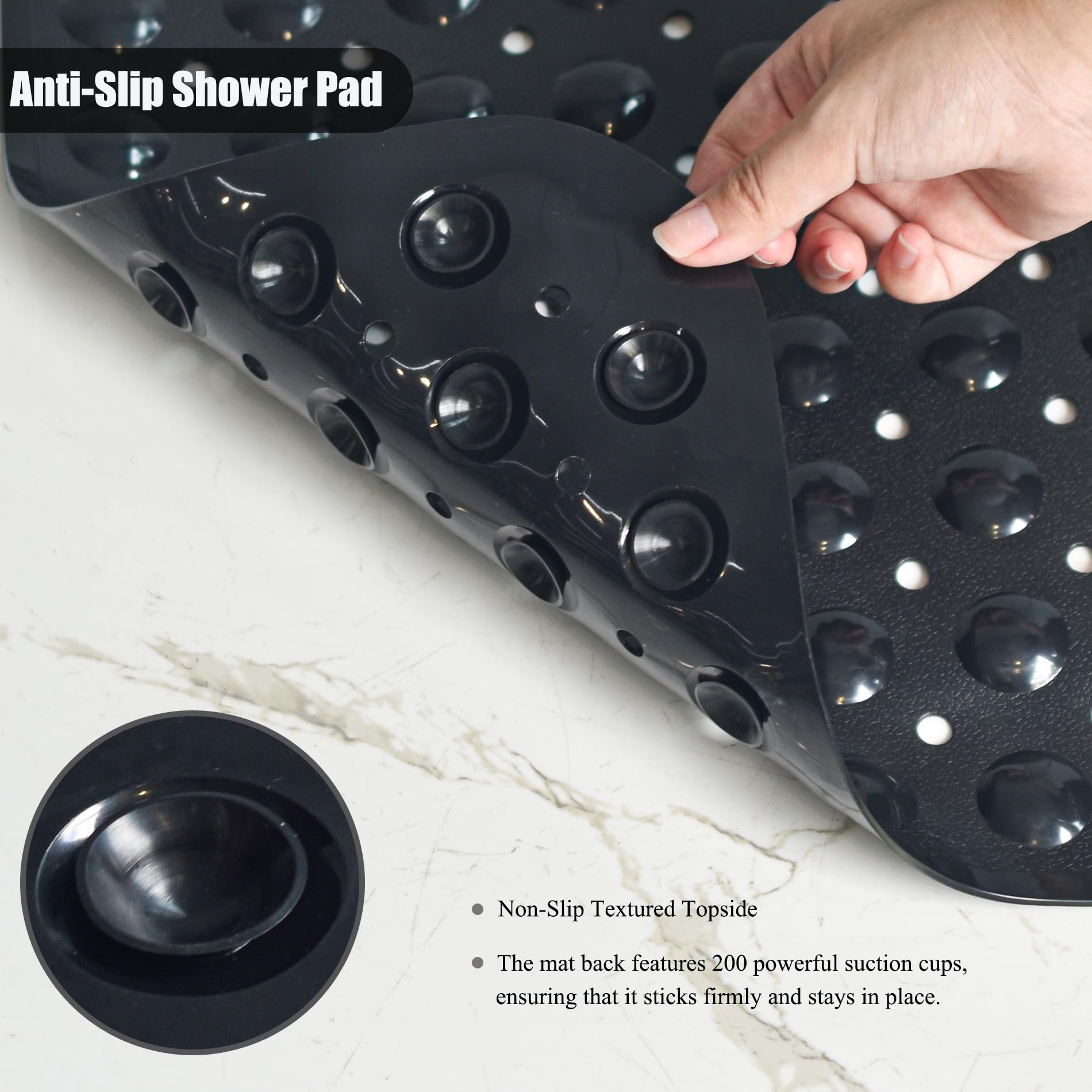 CADONO Large Non-Slip Bathtub Mat, 40 x 16 Inch, Black Rubber, Machine Washable with Suction Cups and Drain Holes
