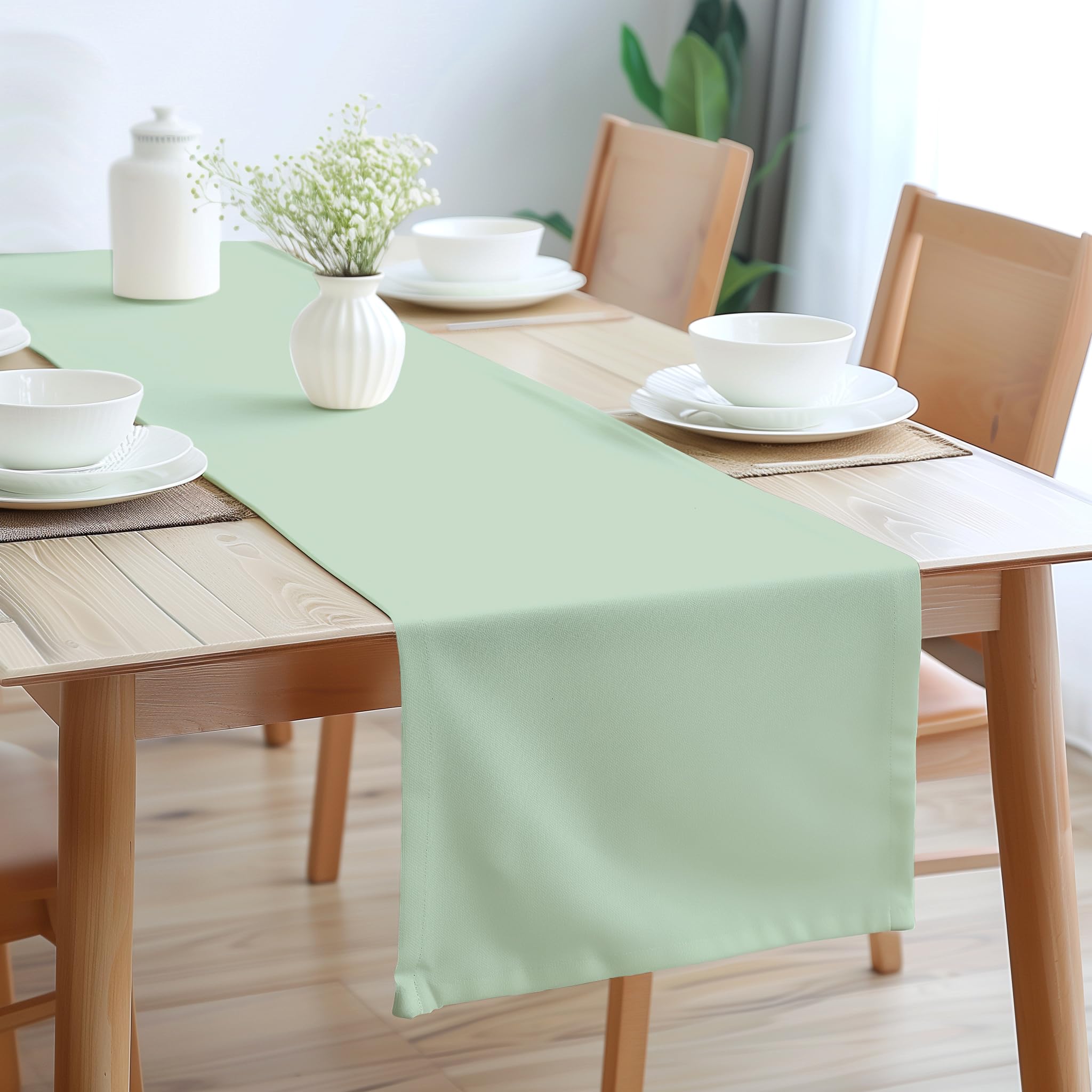 Encasa Table Runner 13X72 In Long | Cotton Canvas Fabric | Mint Green Solid Color | Machine Washable & Durable