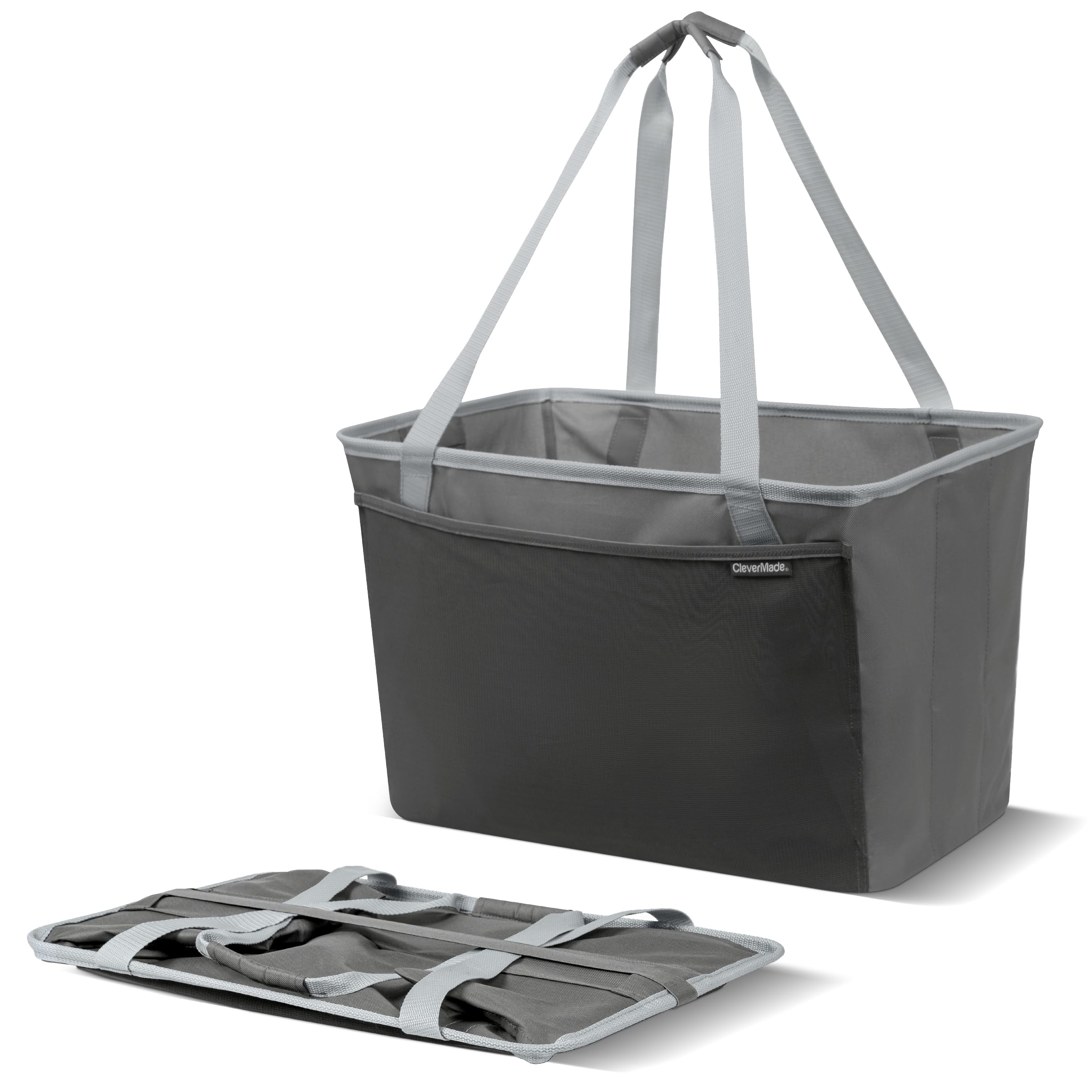 CleverMade Collapsible Tote Basket MAX (64L)  Extra Large Foldable CarryAll Storage Bin with Front Pocket, 60 lb Capacity Tote